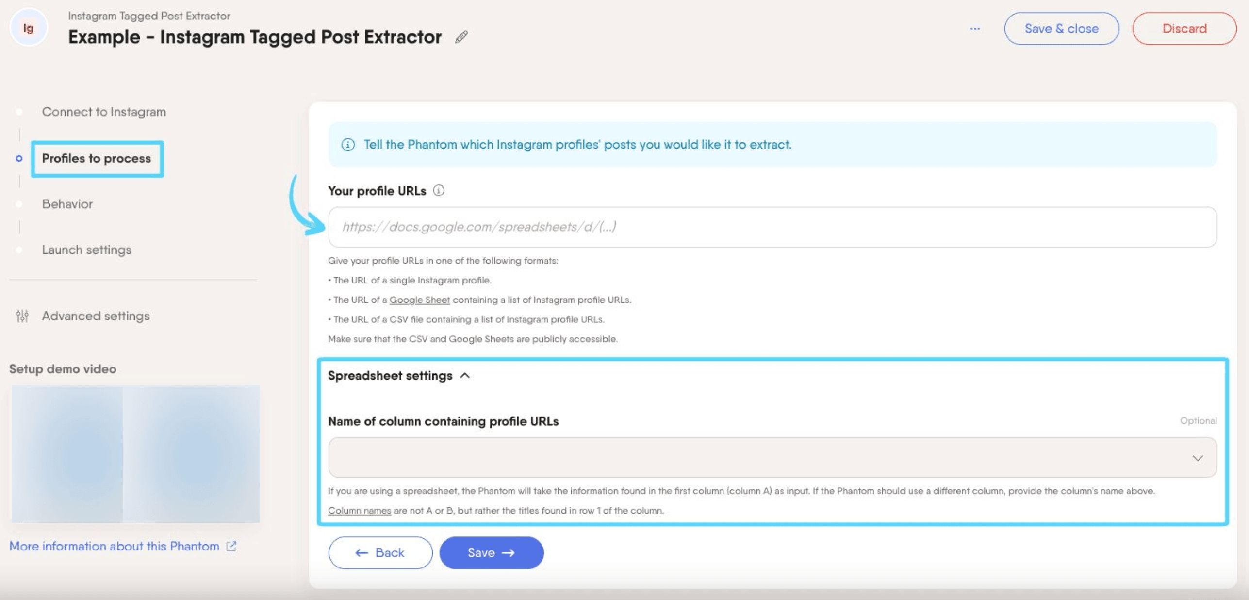 PhantomBuster Instagram Tagged Post Extractor step 2 providing profile URLs