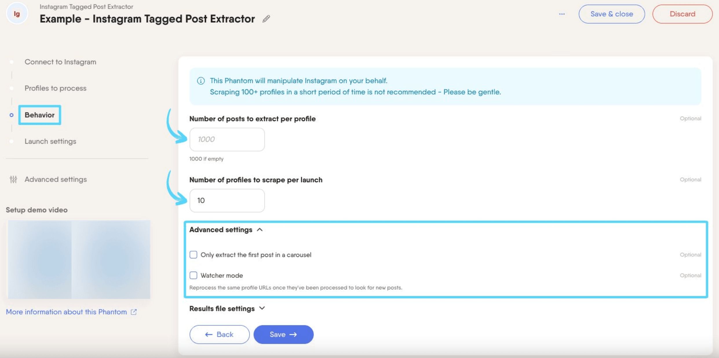 PhantomBuster Instagram Tagged Post Extractor step 3 configuring extraction options