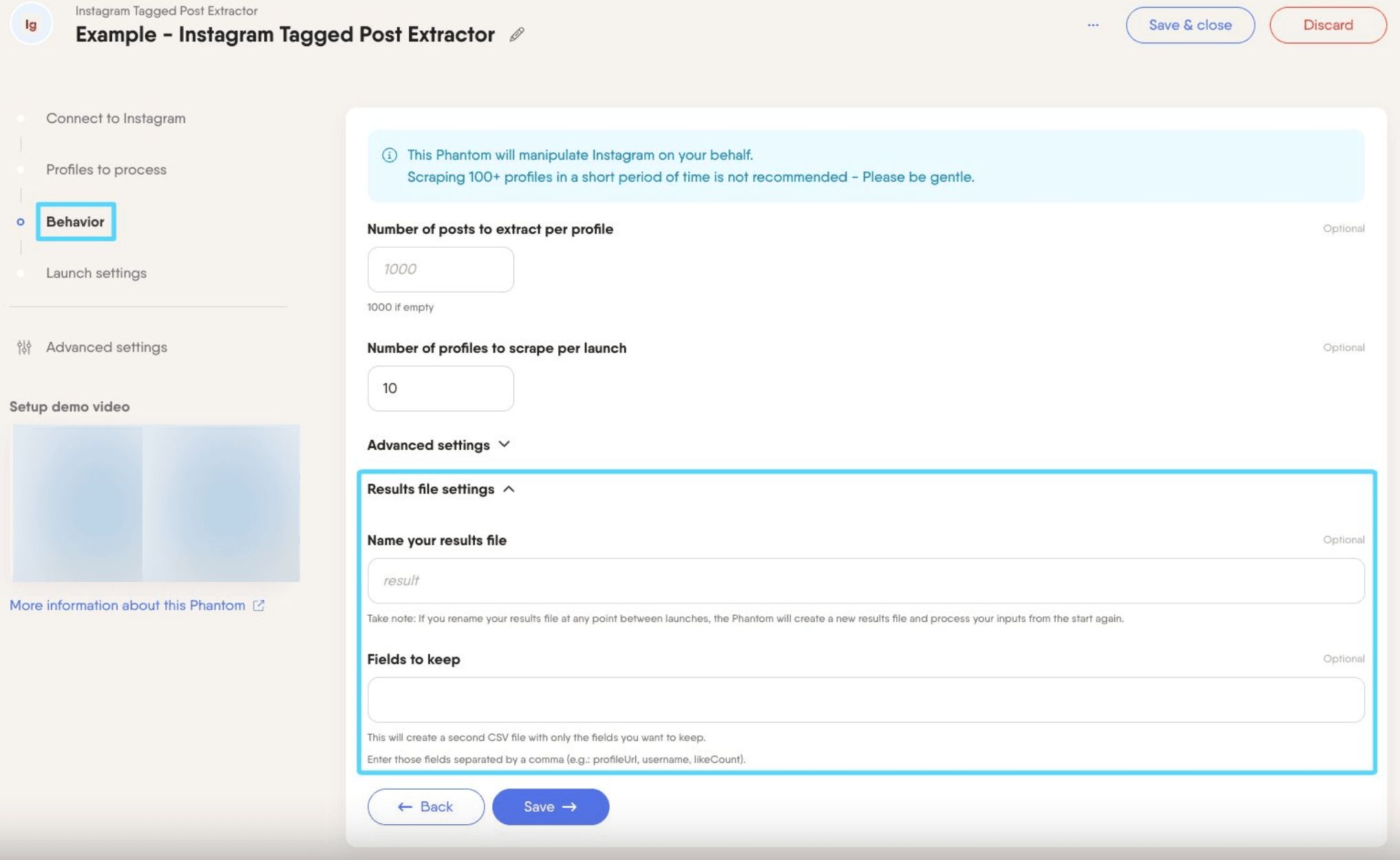 PhantomBuster Instagram Tagged Post Extractor step 3 result file settings