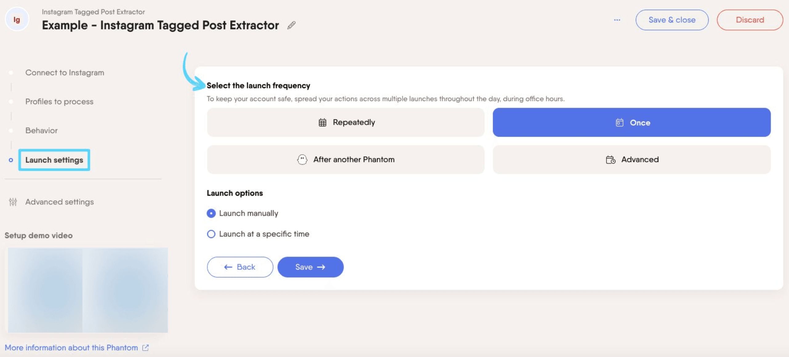 PhantomBuster Instagram Tagged Post Extractor step 4 selecting launch frequency