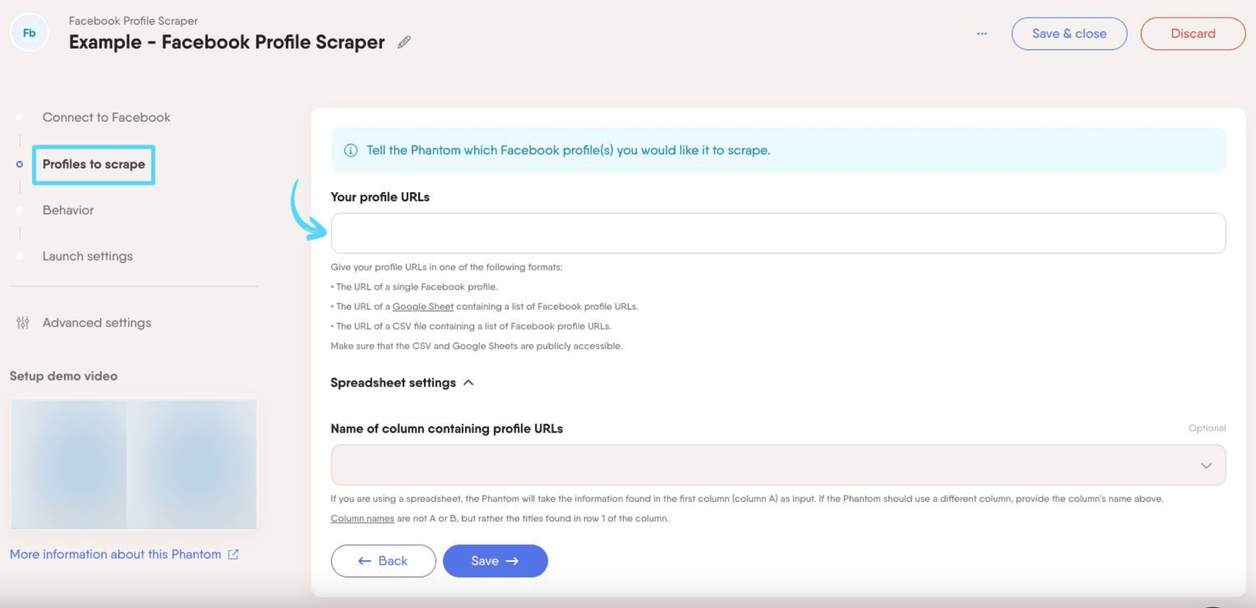 PhantomBuster Facebook Profile Scraper step 2 providing the Facebook profile URLs