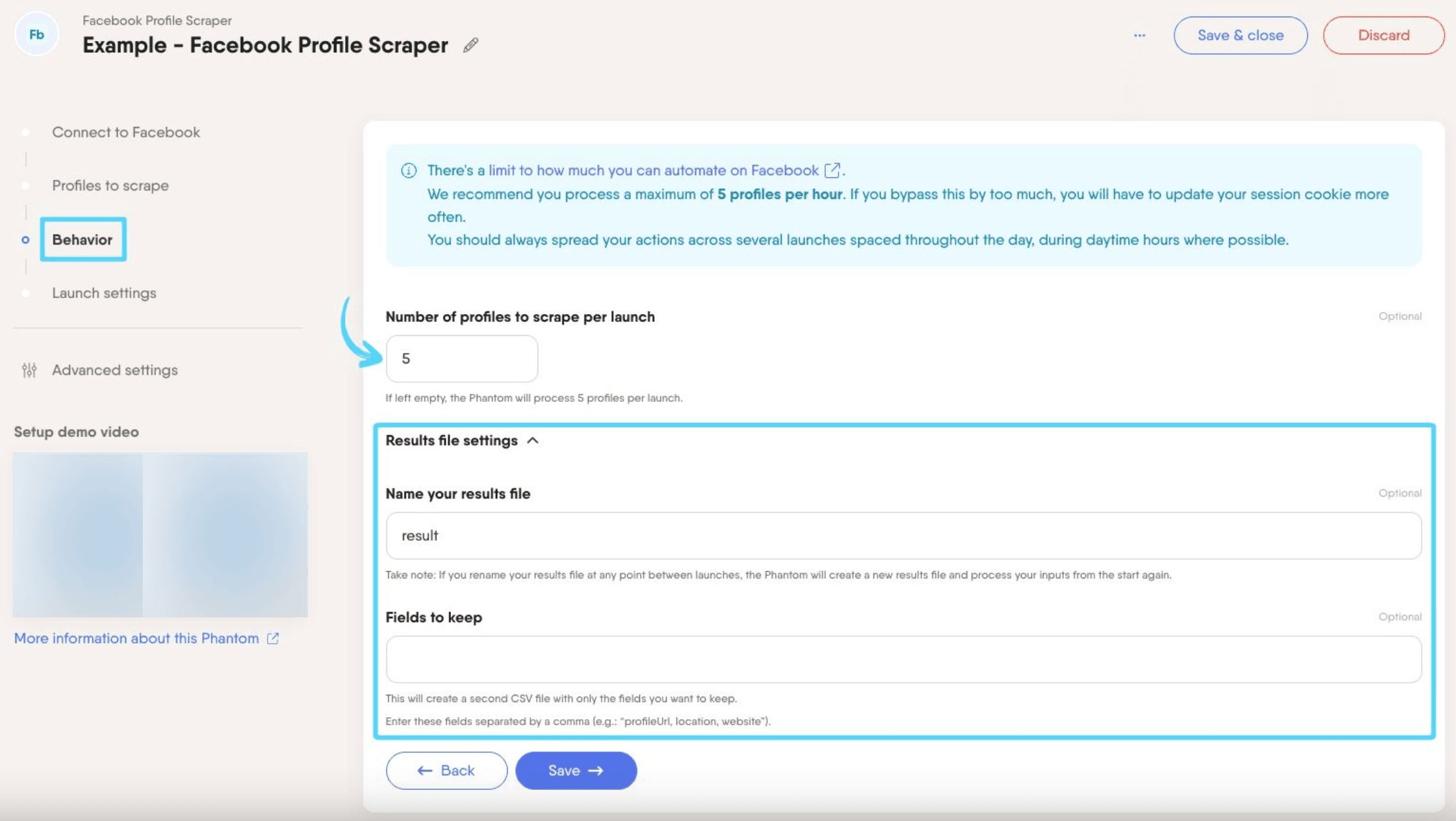 PhantomBuster Facebook Profile Scraper step 3 configuring the number of profiles to scrape per launch