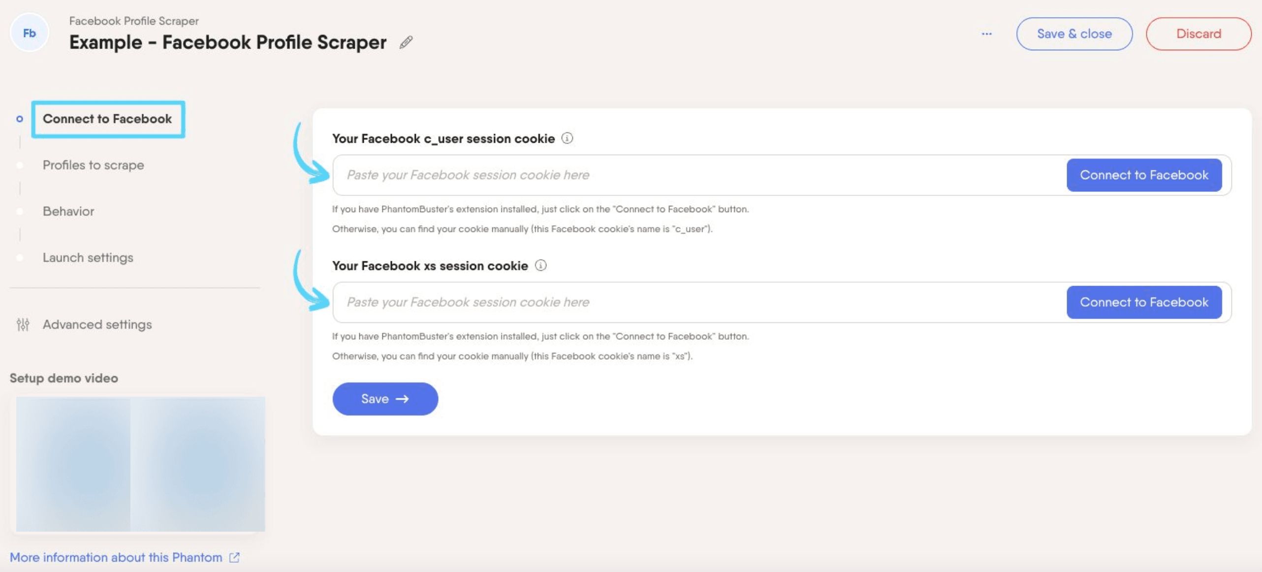 PhantomBuster Facebook Profile Scraper step 1 connecting a Facebook account with c_user and xs cookies
