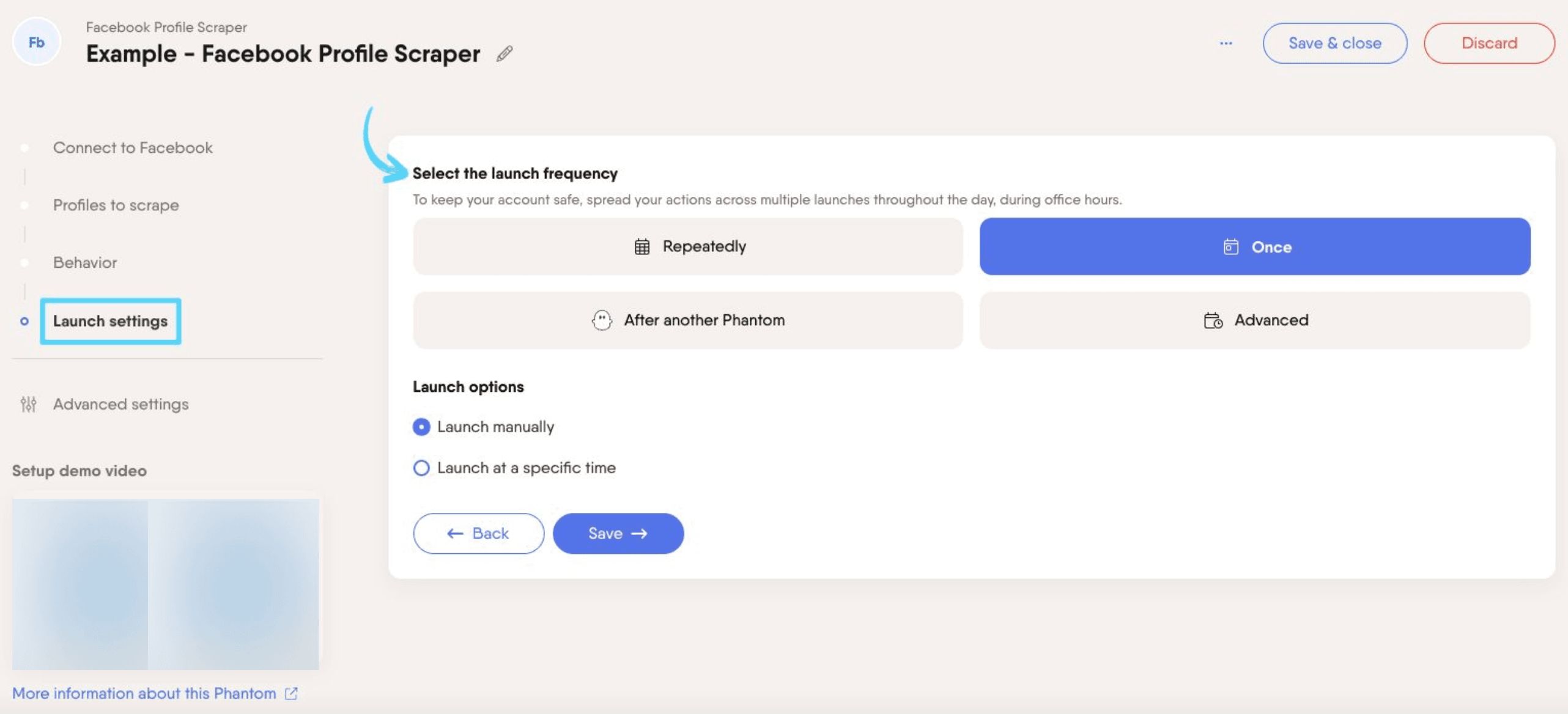 PhantomBuster Facebook Profile Scraper step 4 selecting the launch frequency