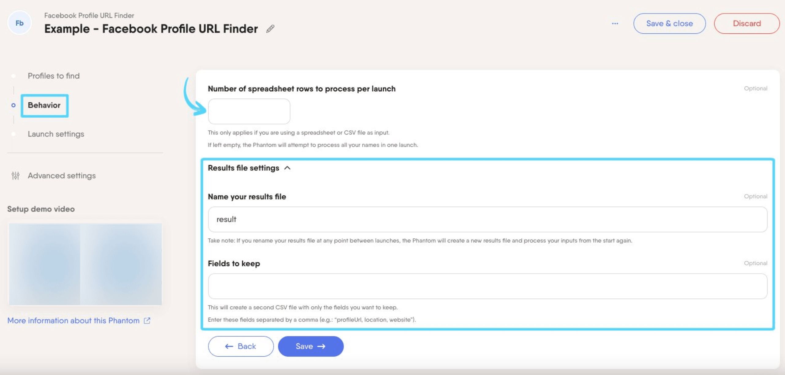 PhantomBuster Facebook Profile URL Finder step 2 configuring the rows to process and results file