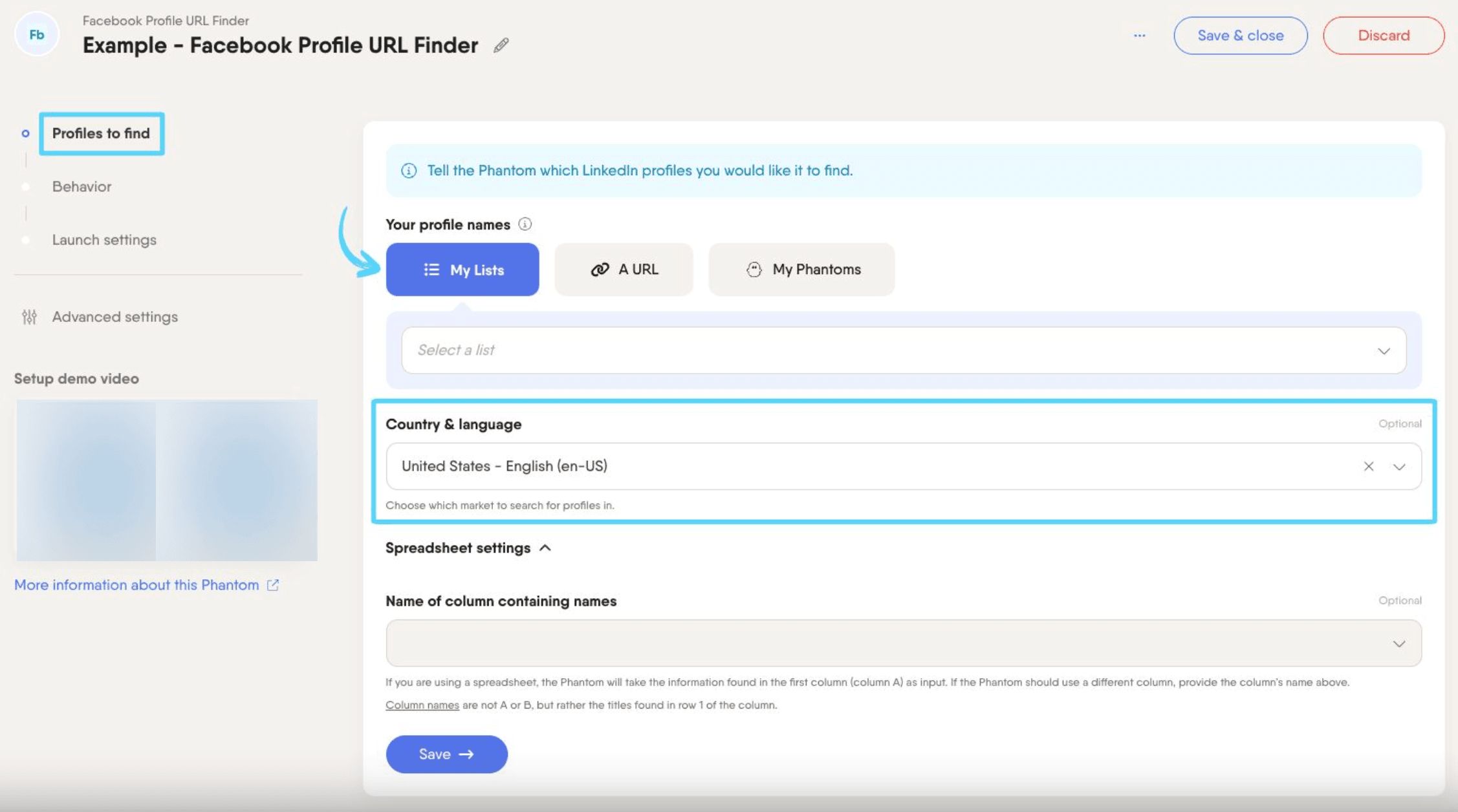 PhantomBuster Facebook Profile URL Finder step 1 providing the lead names and optional country and language