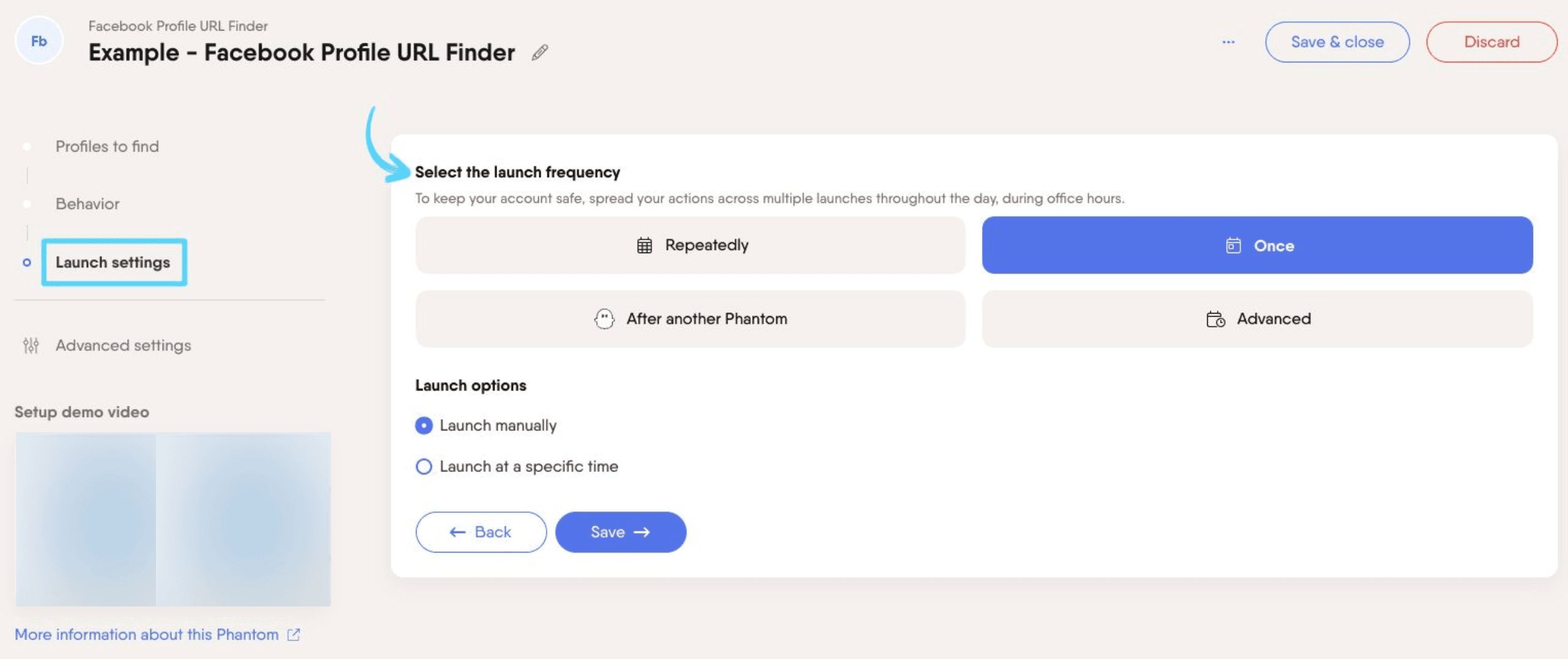 PhantomBuster Facebook Profile URL Finder step 3 selecting the launch frequency