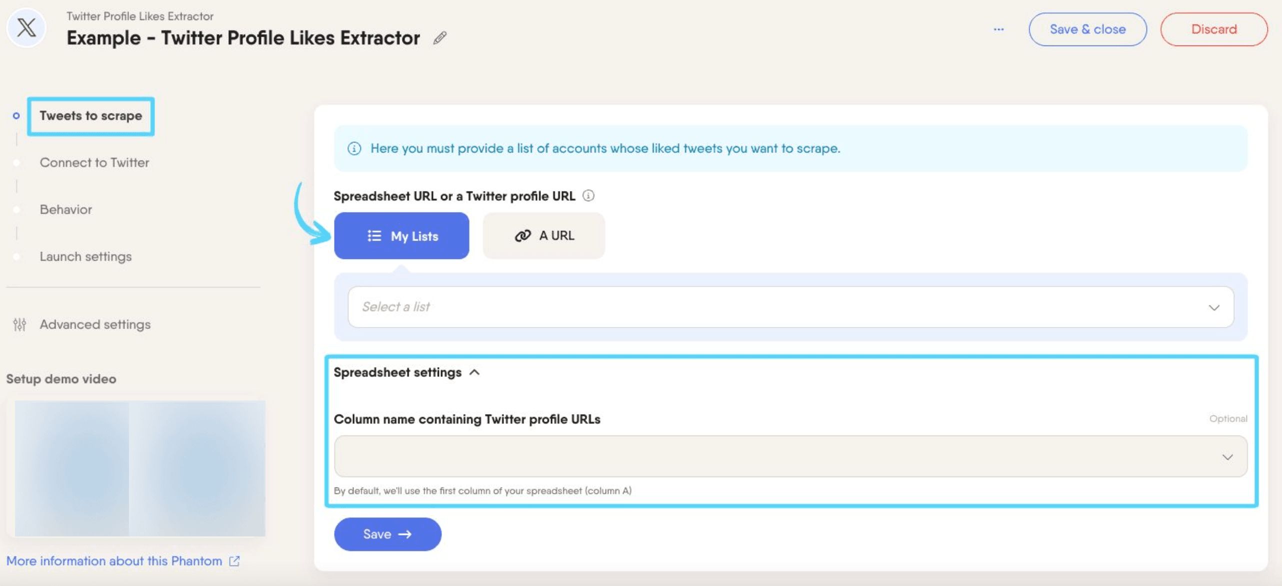 PhantomBuster Twitter Profile Likes Extractor step 1 providing profile URLs