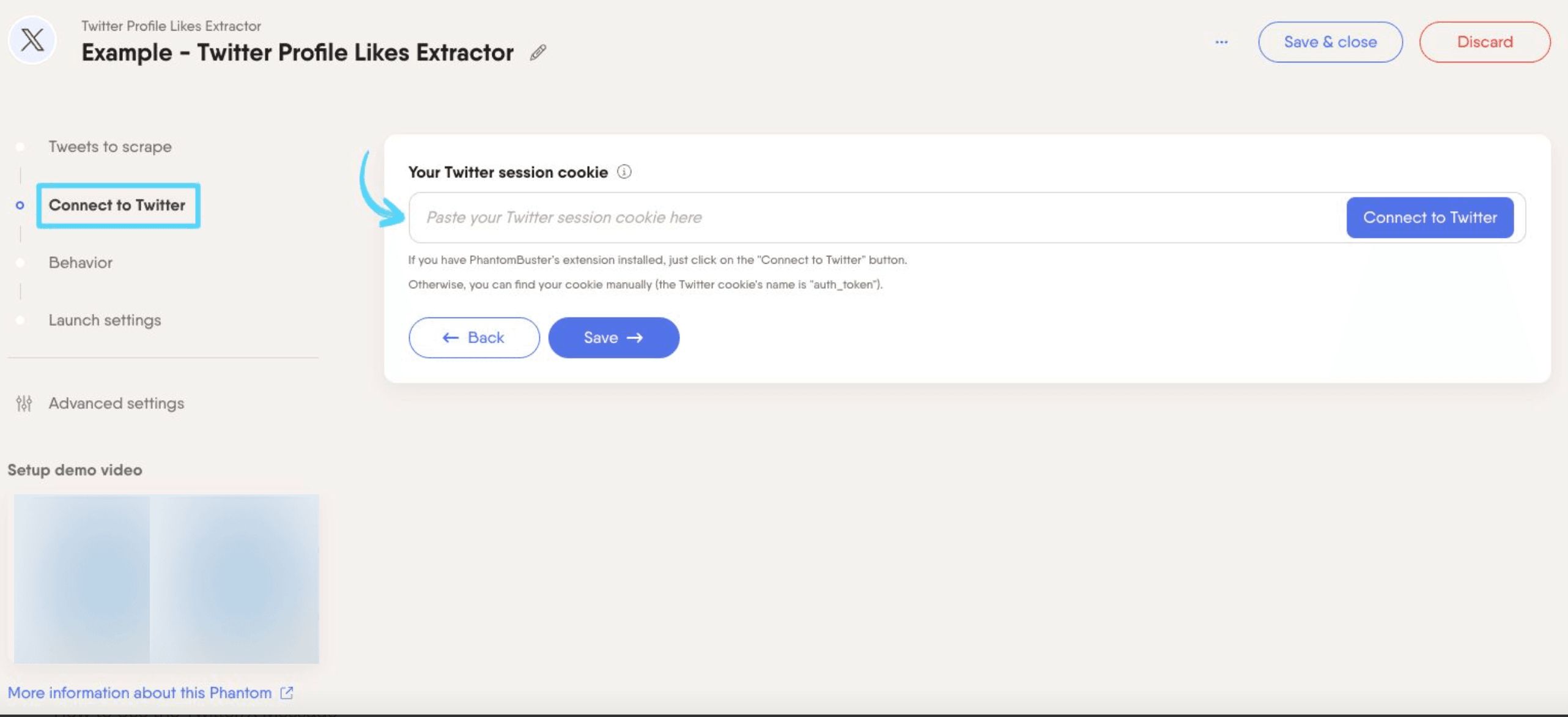 PhantomBuster Twitter Profile Likes Extractor step 2 connecting your X/Twitter account