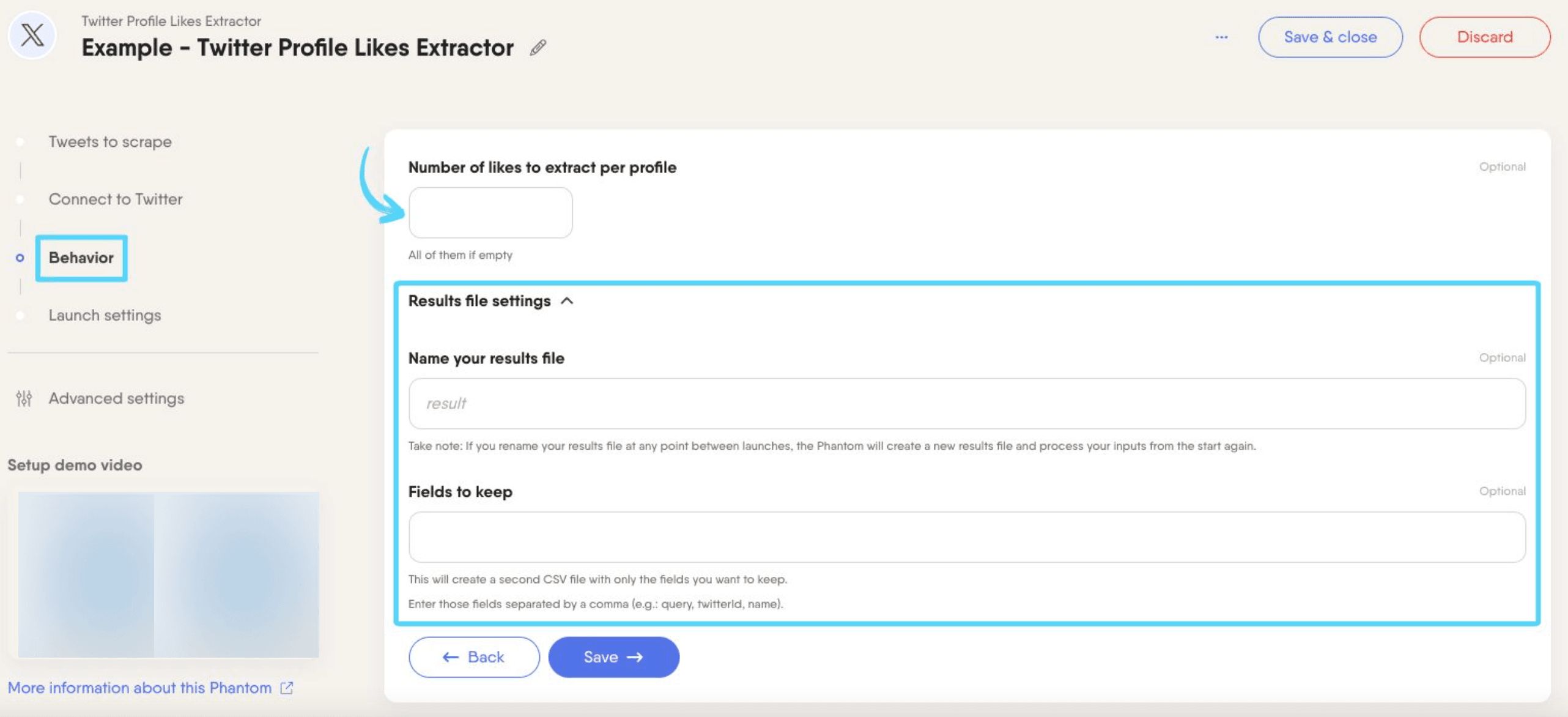 PhantomBuster Twitter Profile Likes Extractor step 3 choosing how many likes to extract