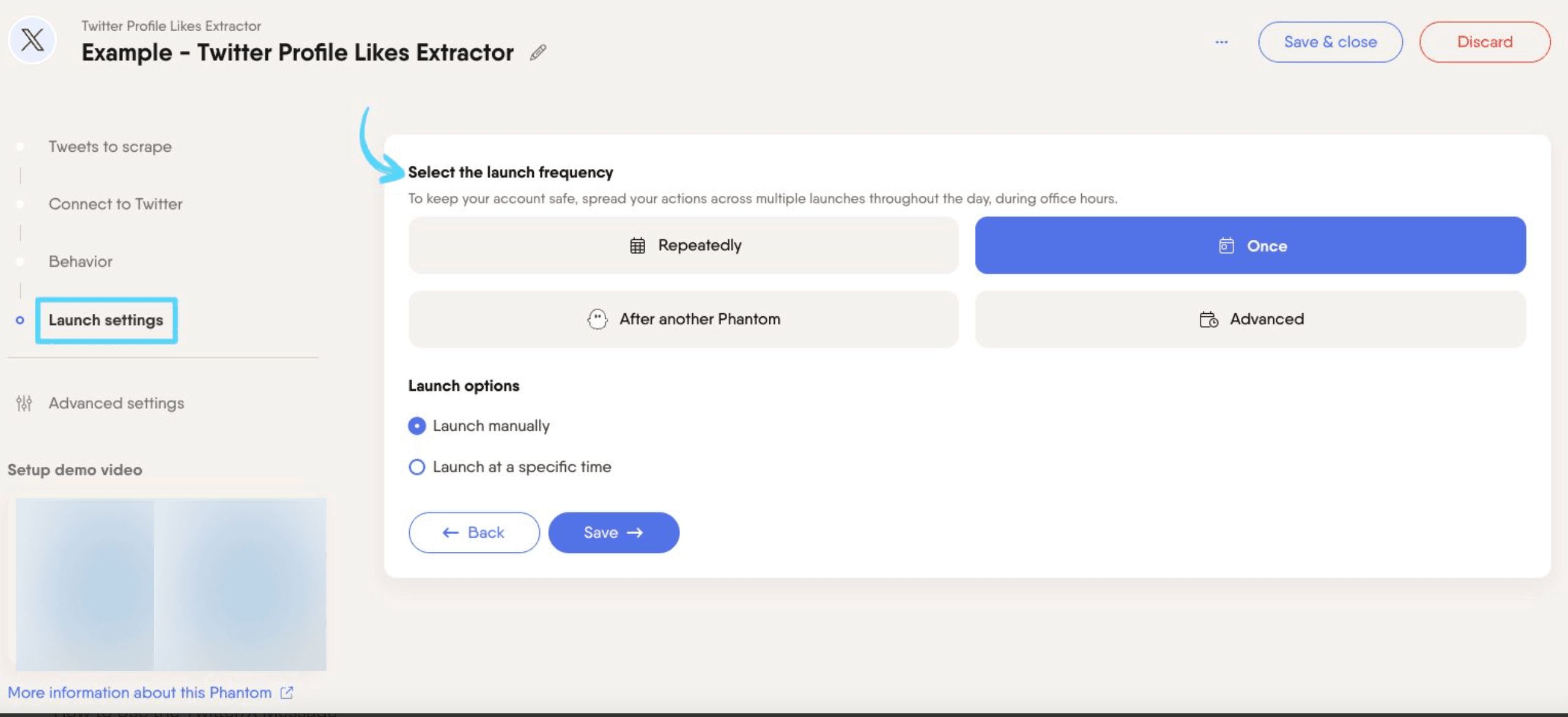 PhantomBuster Twitter Profile Likes Extractor step 4 selecting launch frequency