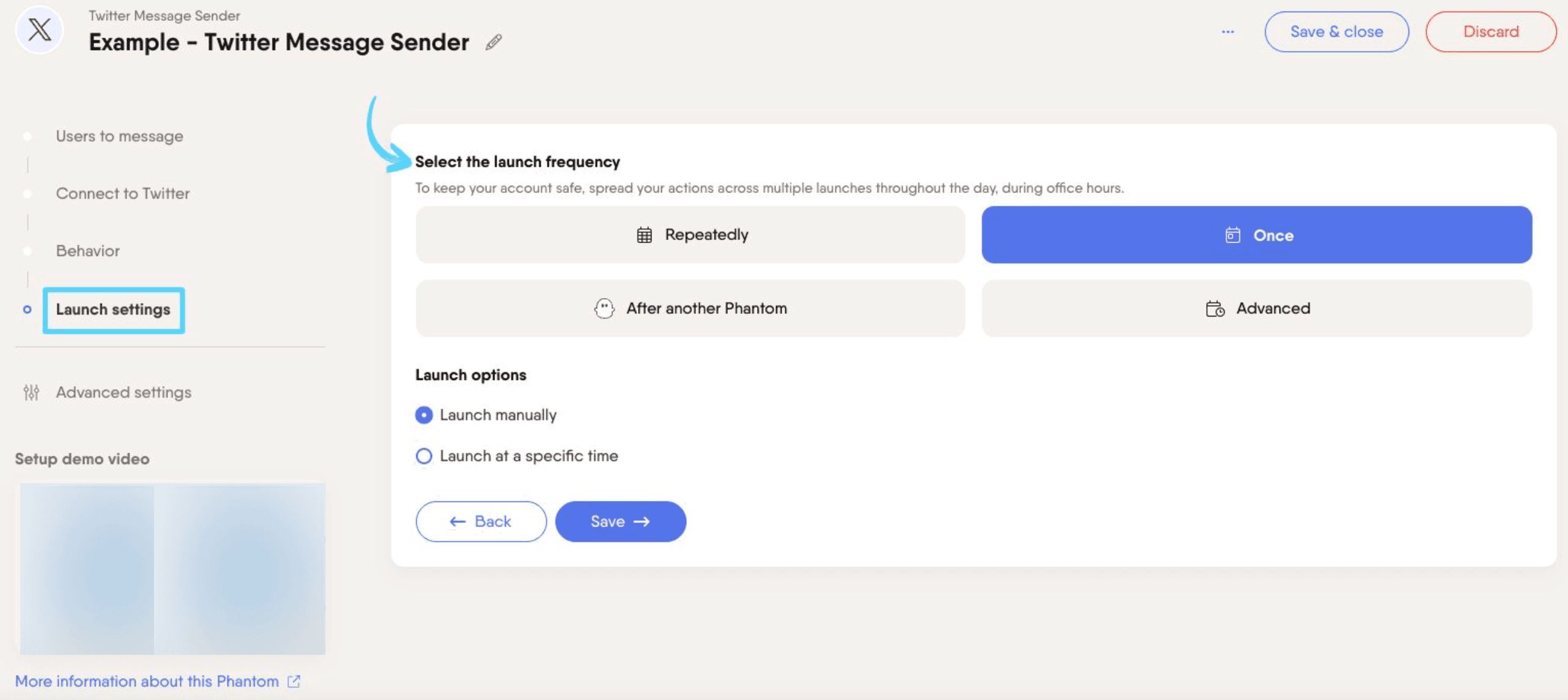PhantomBuster Twitter X Message Sender step 4 selecting launch frequency