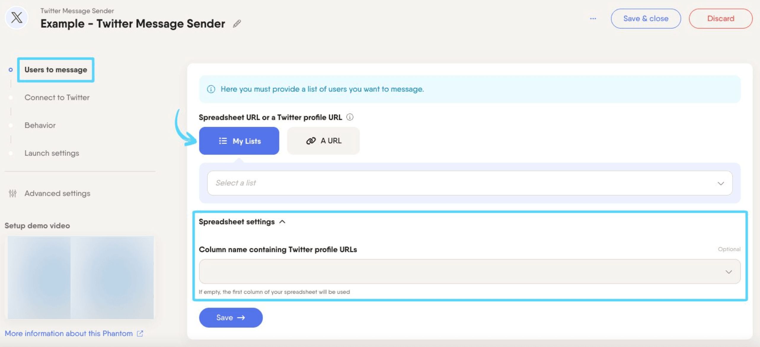PhantomBuster Twitter X Message Sender step 1 providing profile URLs