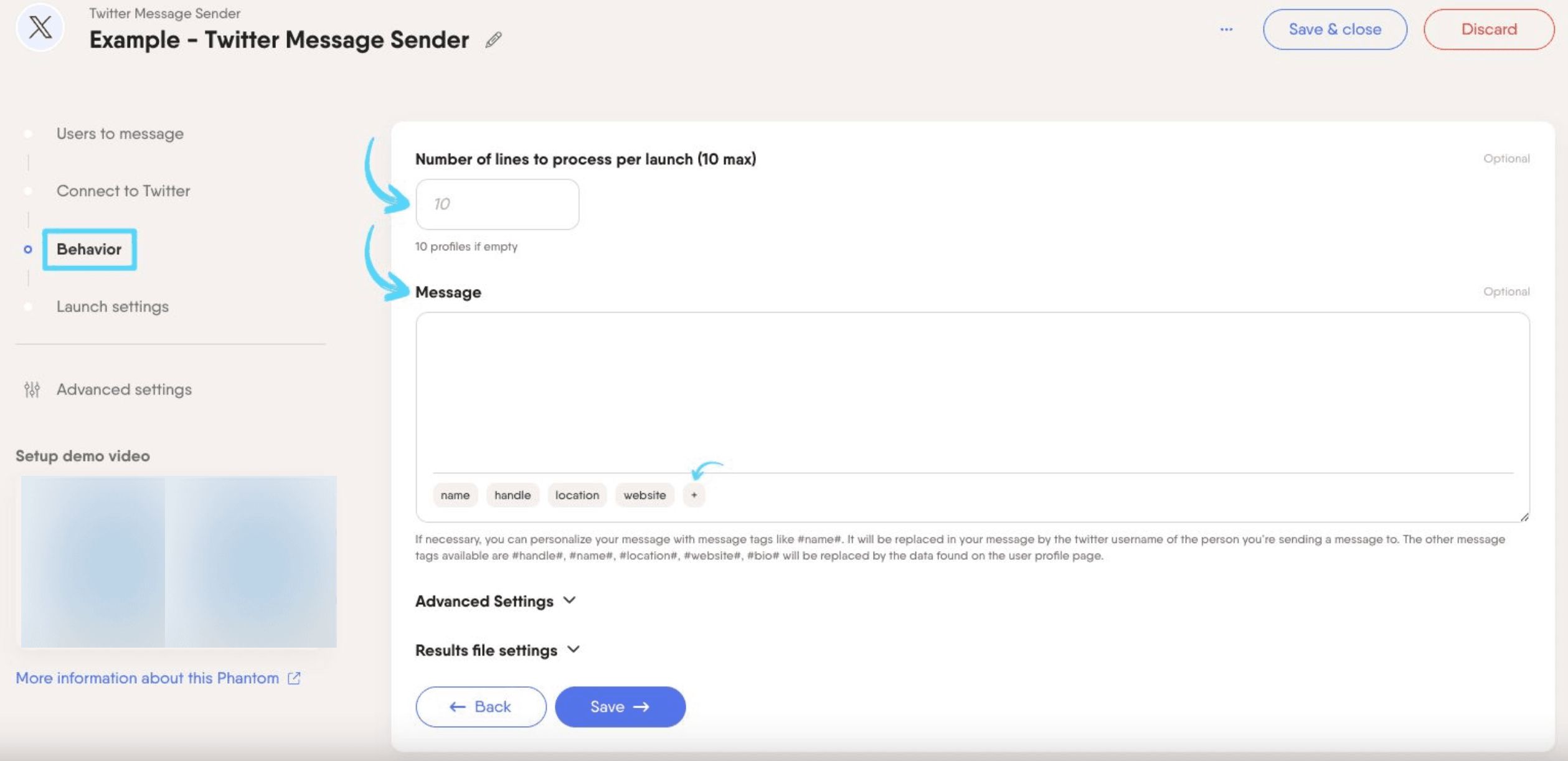 PhantomBuster Twitter X Message Sender step 3 writing and personalizing your message