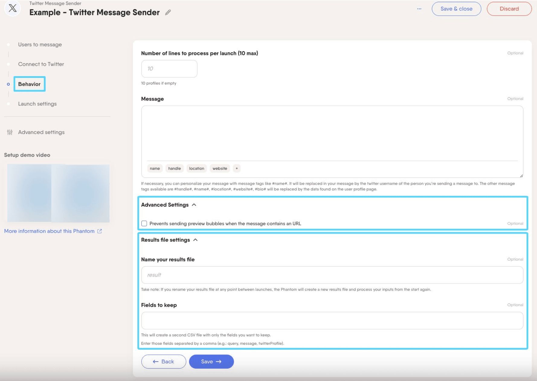 PhantomBuster Twitter X Message Sender step 3 advanced and result file settings drop-down menus