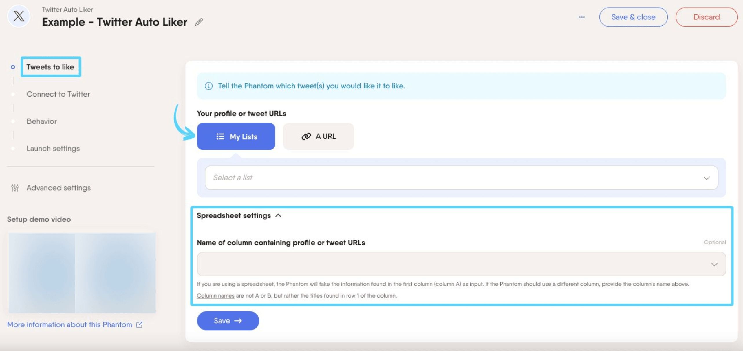 PhantomBuster Twitter X Auto Liker step 1 providing profile or tweet URLs