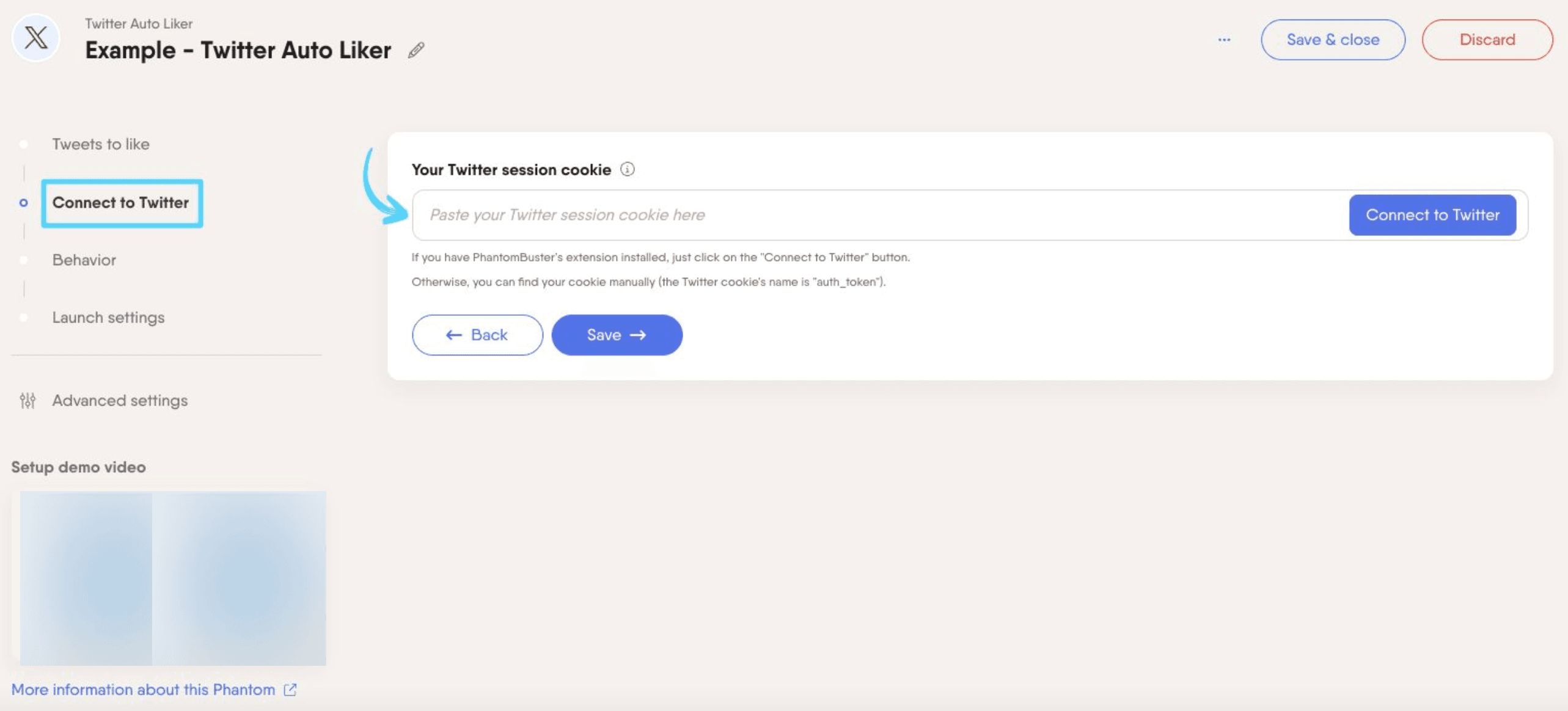 PhantomBuster Twitter X Auto Liker step 2 connecting your X/Twitter account