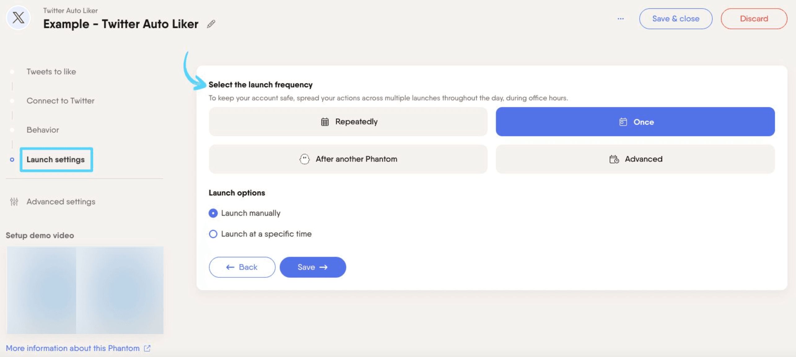 PhantomBuster Twitter X Auto Liker step 4 selecting launch frequency