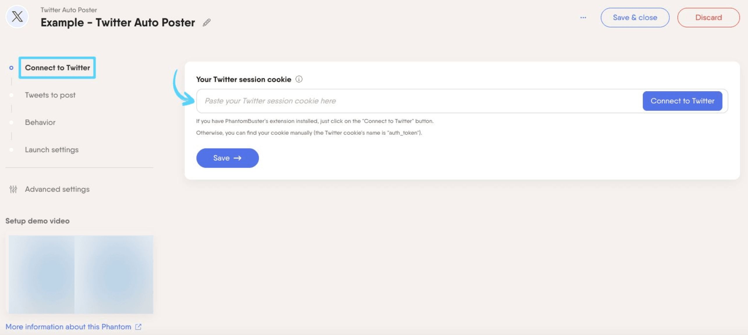 PhantomBuster Twitter Auto Poster step 1 connecting your X/Twitter account