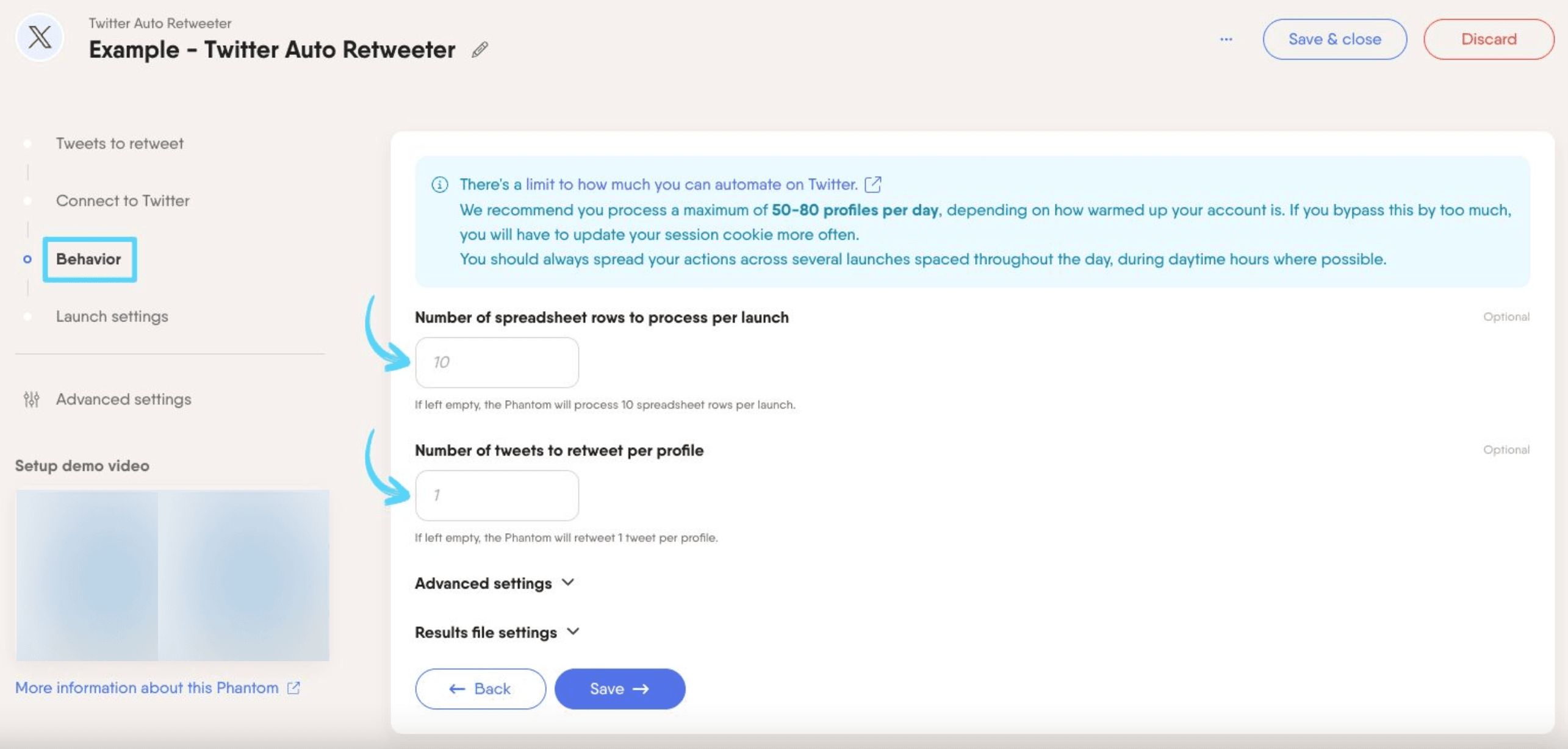 PhantomBuster Twitter X Auto Retweeter step 3 setting retweet limits