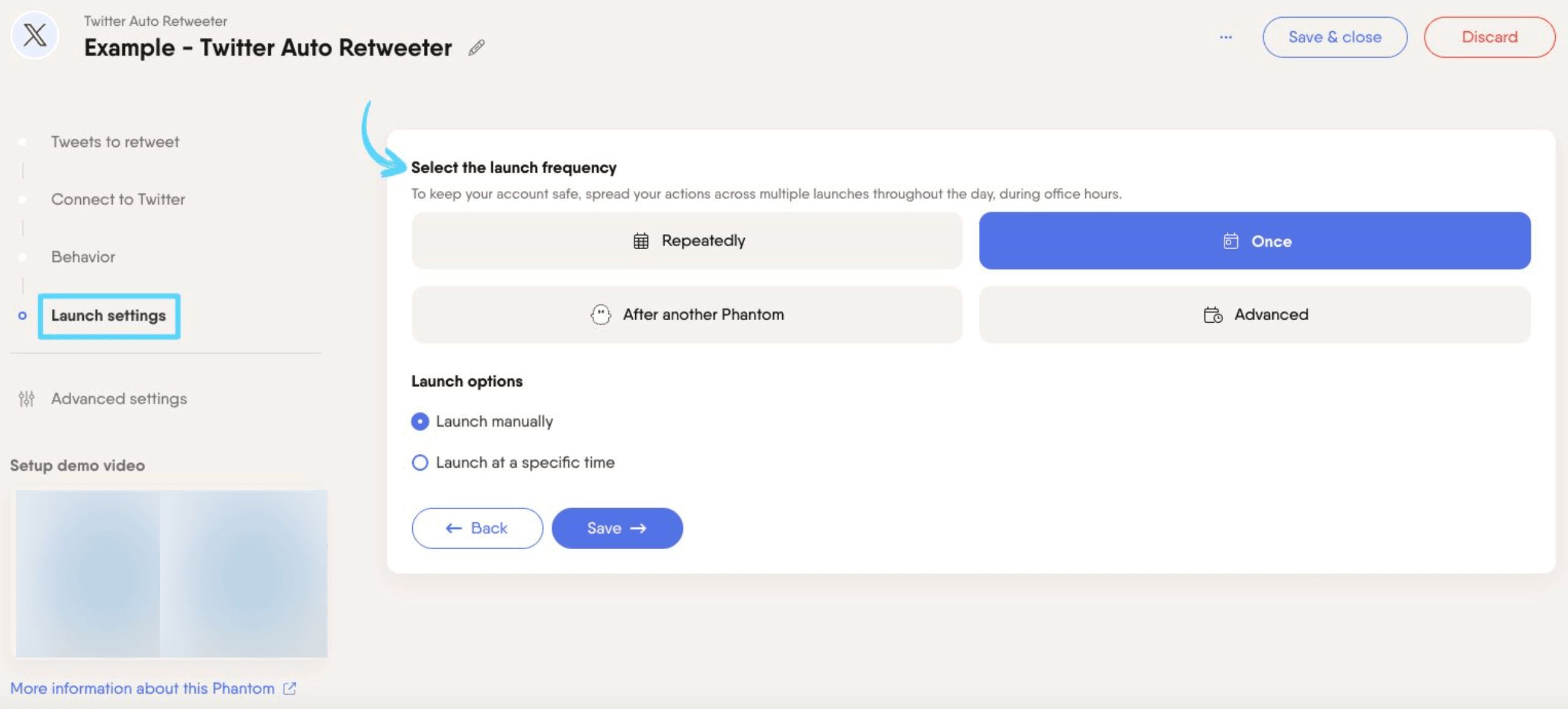 PhantomBuster Twitter X Auto Retweeter step 4 selecting launch frequency
