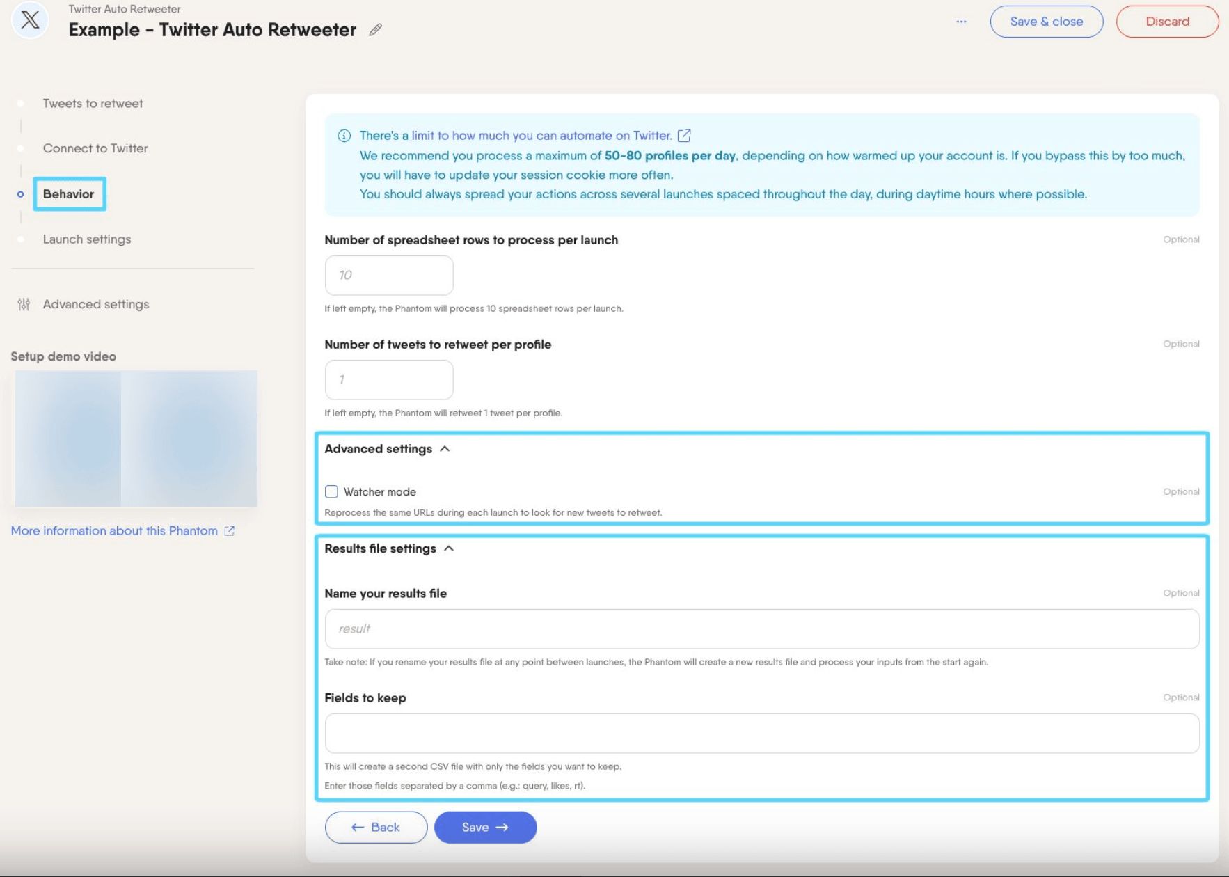 PhantomBuster Twitter X Auto Retweeter step 3 advanced and result file settings drop-down menus
