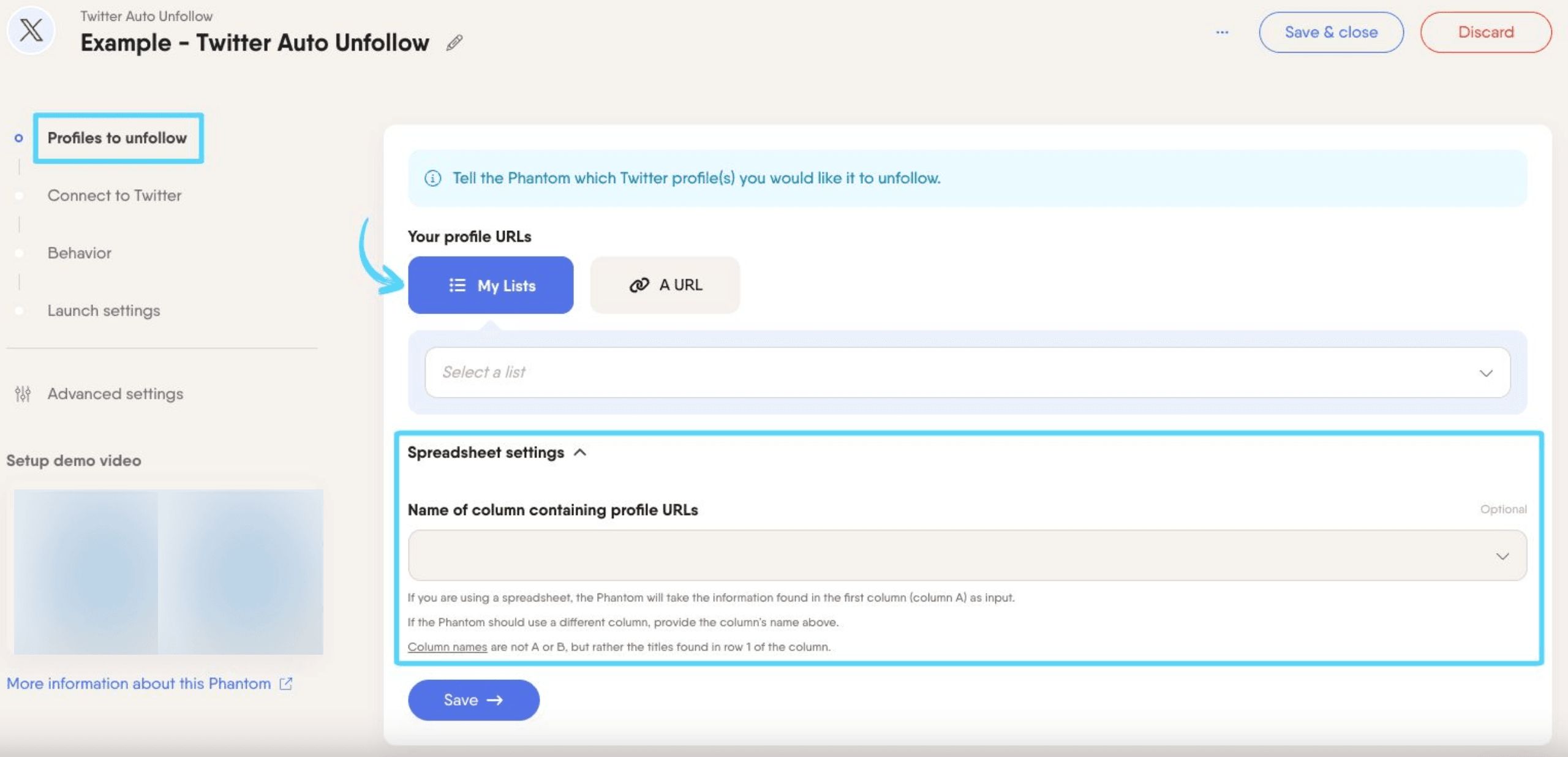 PhantomBuster Twitter X Auto Unfollow step 1 providing profile URLs