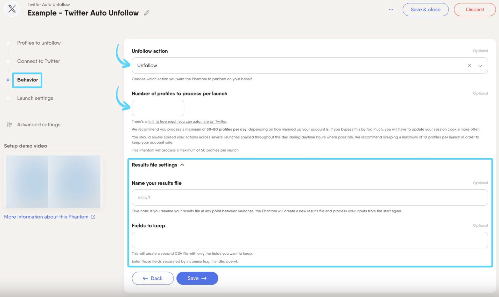 PhantomBuster Twitter X Auto Unfollow step 3 choosing your unfollow action and configuring limits