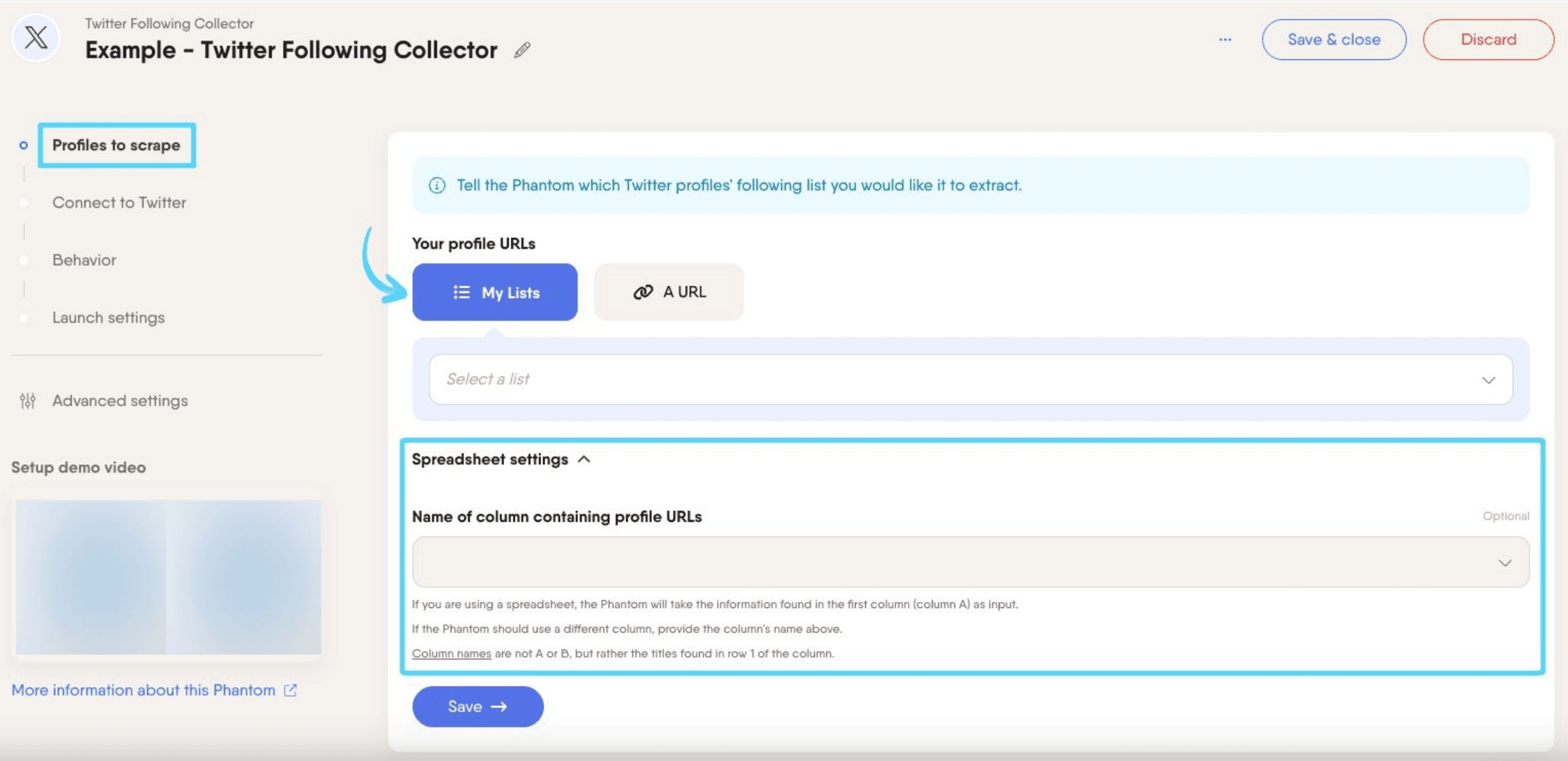 PhantomBuster Twitter X Following Collector step 1 providing profile URLs