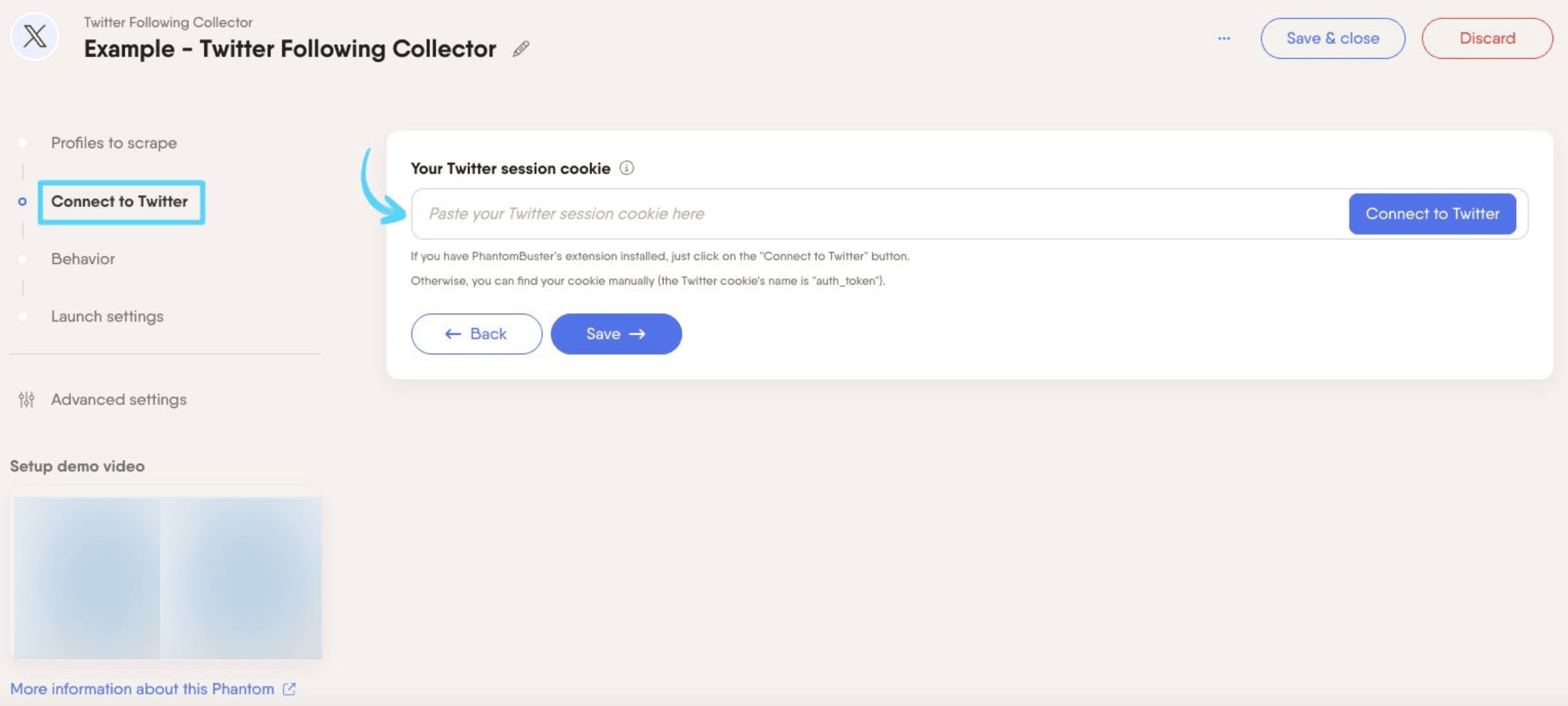 PhantomBuster Twitter X Following Collector step 2 connecting your X/Twitter account