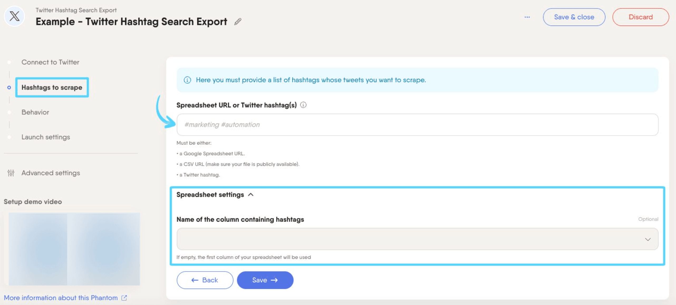 PhantomBuster Twitter X Hashtag Search Export step 2 providing your hashtags