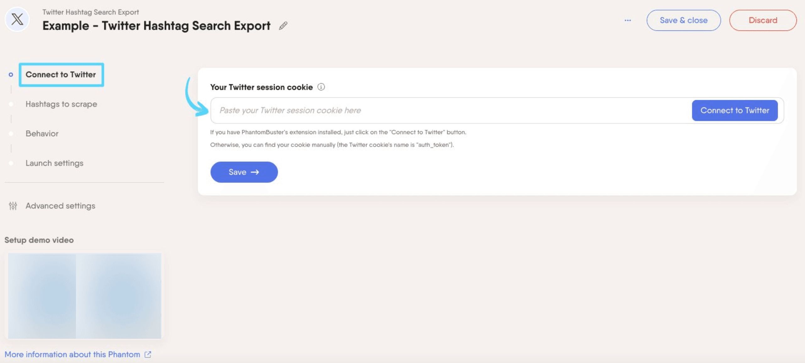PhantomBuster Twitter X Hashtag Search Export step 1 connecting your X/Twitter account
