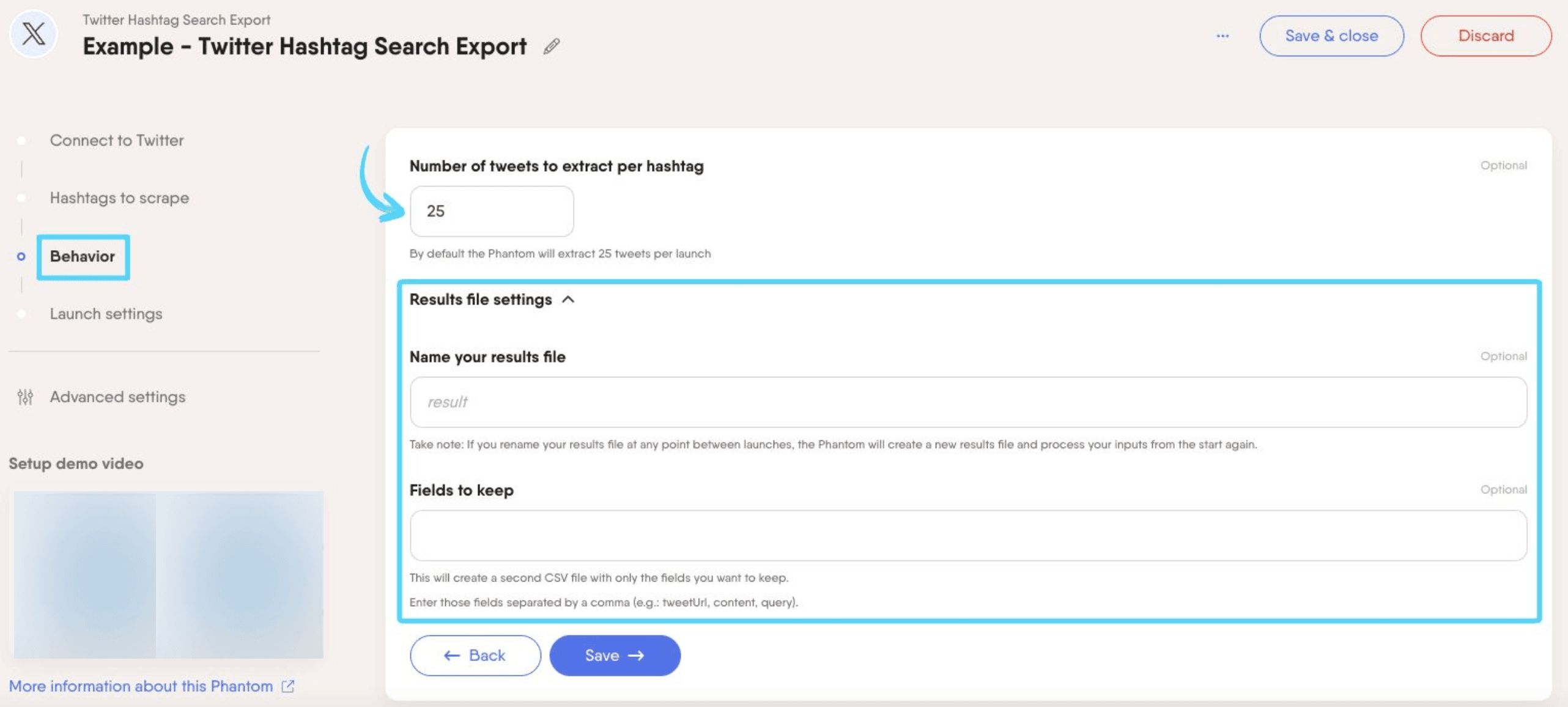 PhantomBuster Twitter X Hashtag Search Export step 3 setting extraction limits