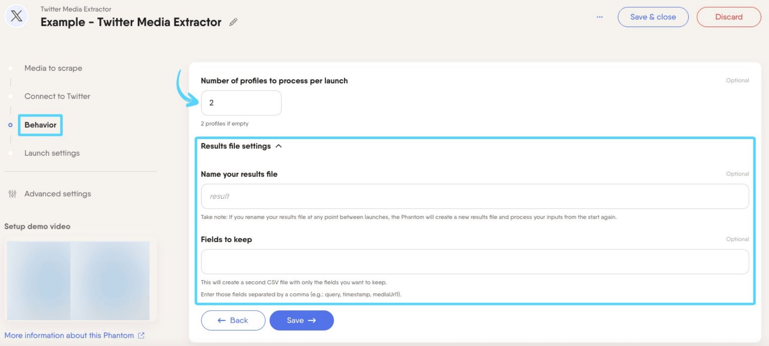 PhantomBuster Twitter X Media Extractor step 3 setting how many profiles to process