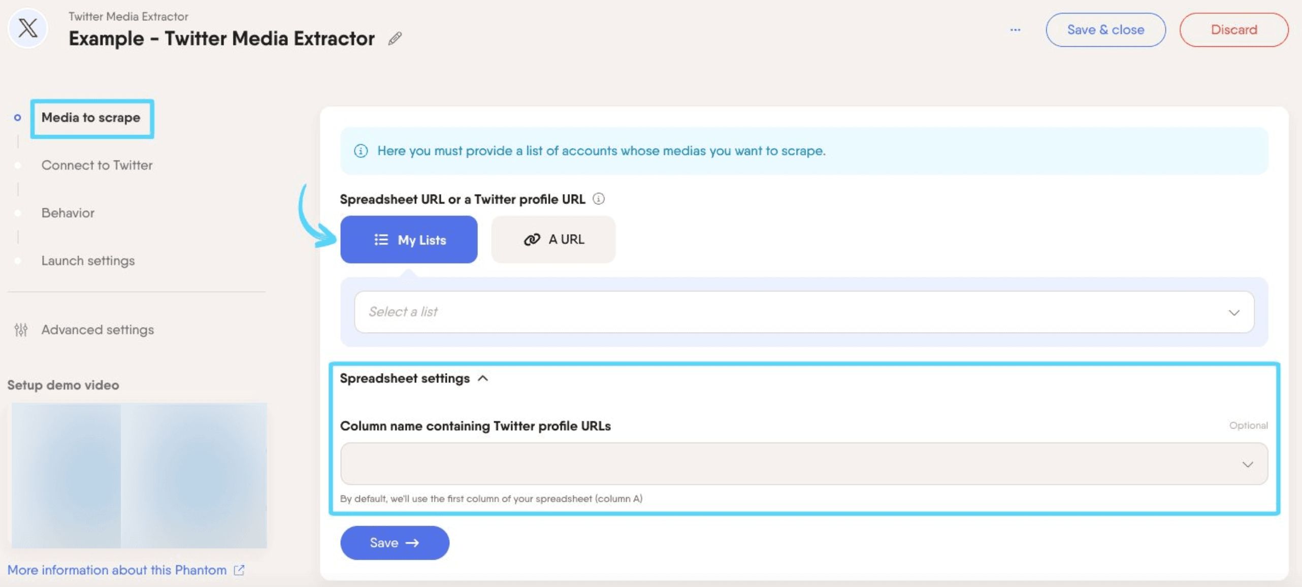 PhantomBuster Twitter X Media Extractor step 1 providing profile URLs