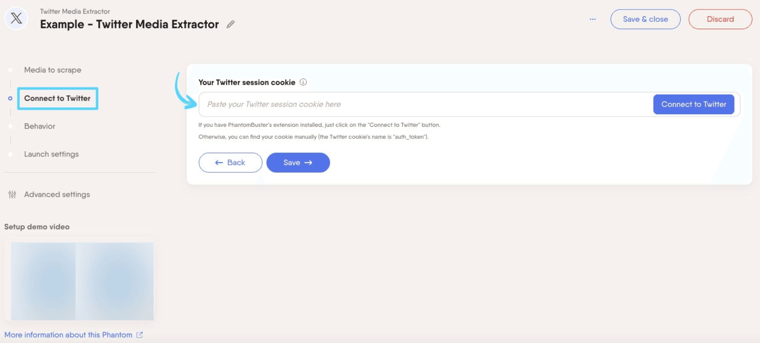 PhantomBuster Twitter X Media Extractor step 2 connecting your X/Twitter account