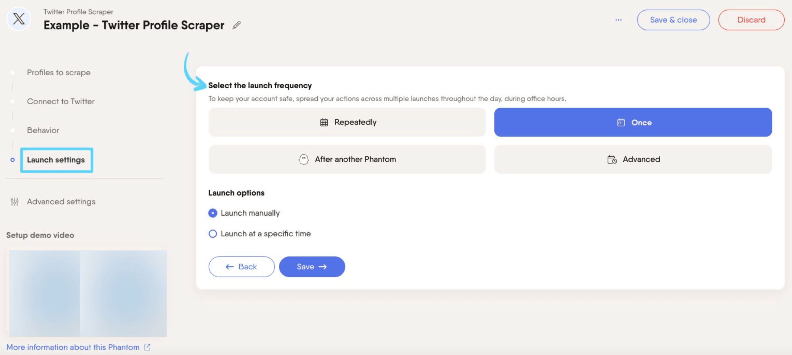 PhantomBuster Twitter X Profile Scraper step 4 selecting launch frequency