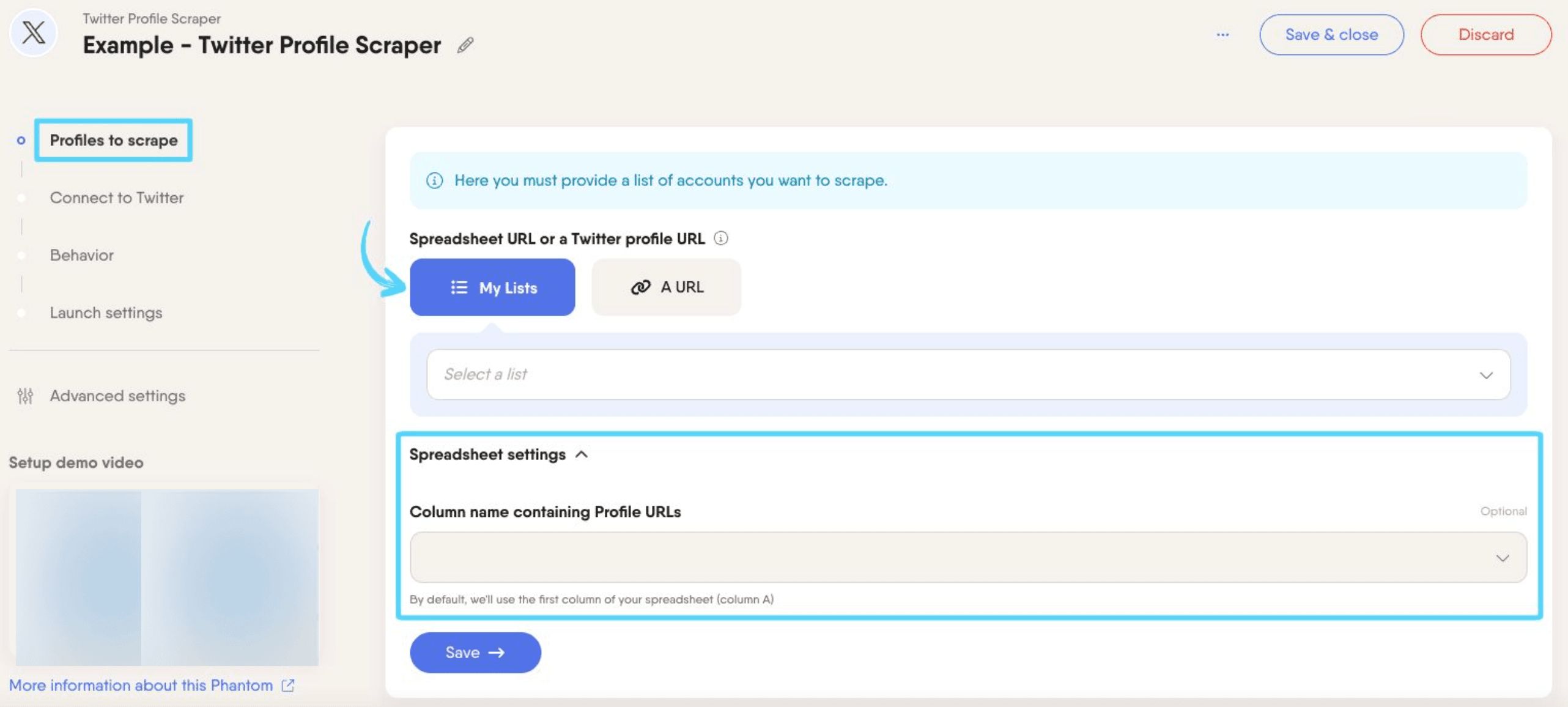 PhantomBuster Twitter X Profile Scraper step 1 providing profile URLs