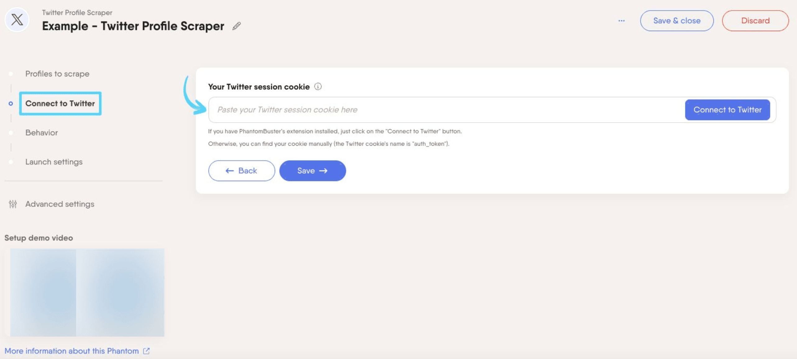 PhantomBuster Twitter X Profile Scraper step 2 connecting your X/Twitter account