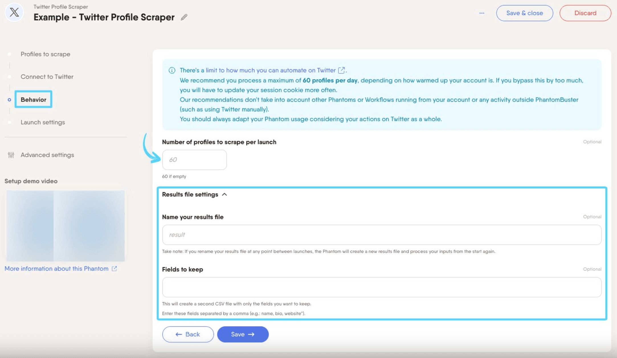PhantomBuster Twitter X Profile Scraper step 3 setting extraction limits