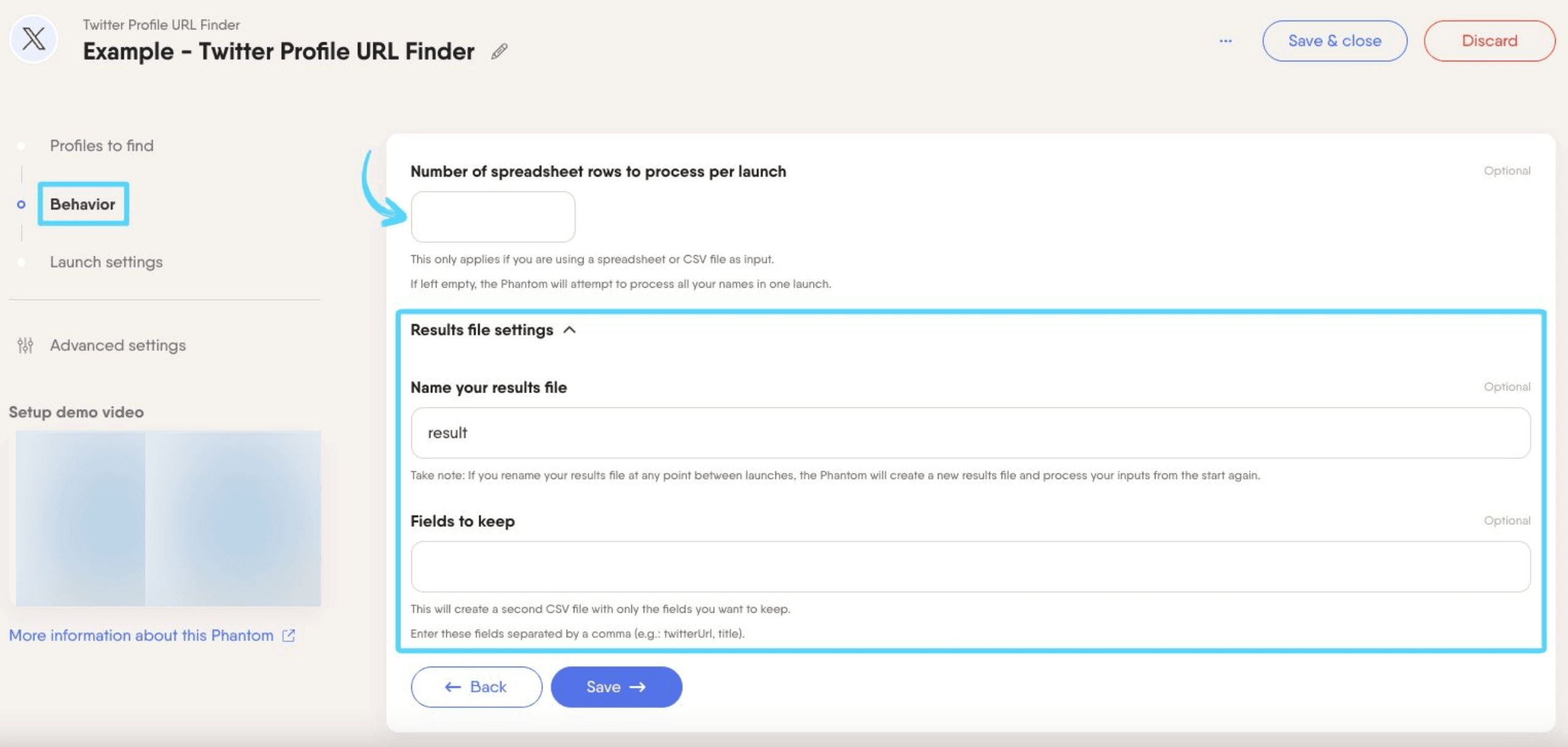 PhantomBuster Twitter X Profile URL Finder step 2 configuring processing behavior