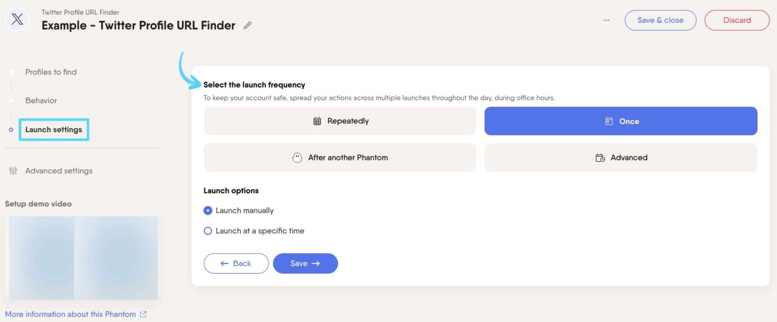 PhantomBuster Twitter X Profile URL Finder step 3 selecting launch frequency