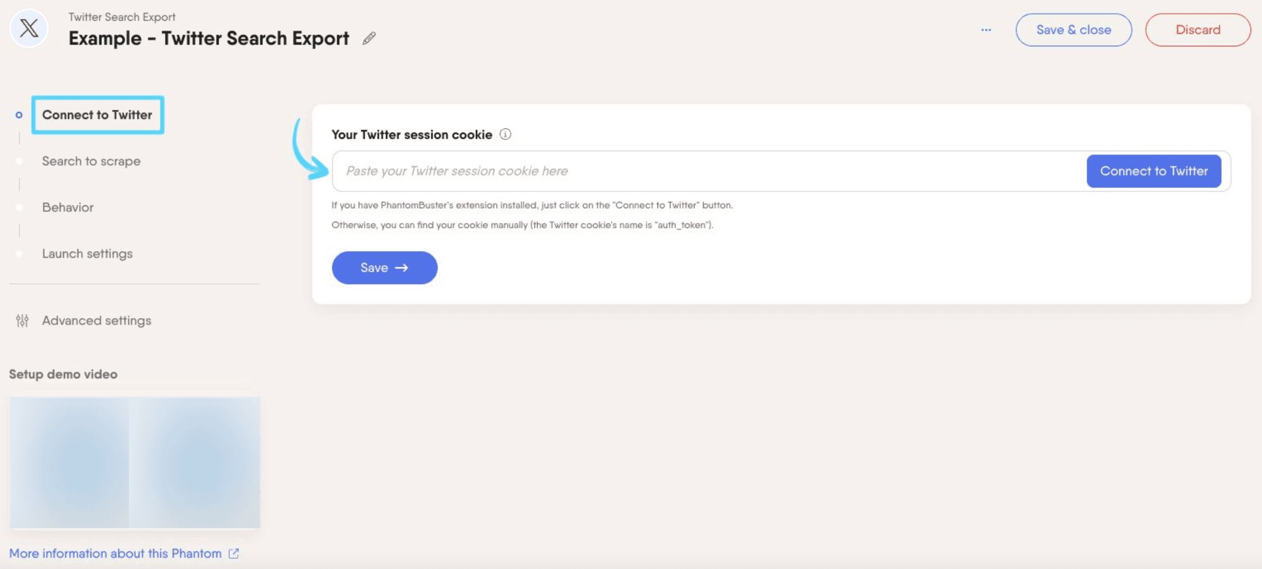 PhantomBuster Twitter X Search Export step 1 connecting your X/Twitter account
