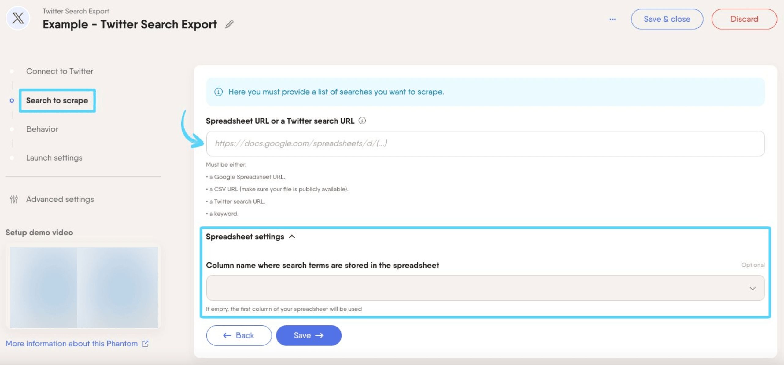 PhantomBuster Twitter X Search Export step 2 providing your search inputs