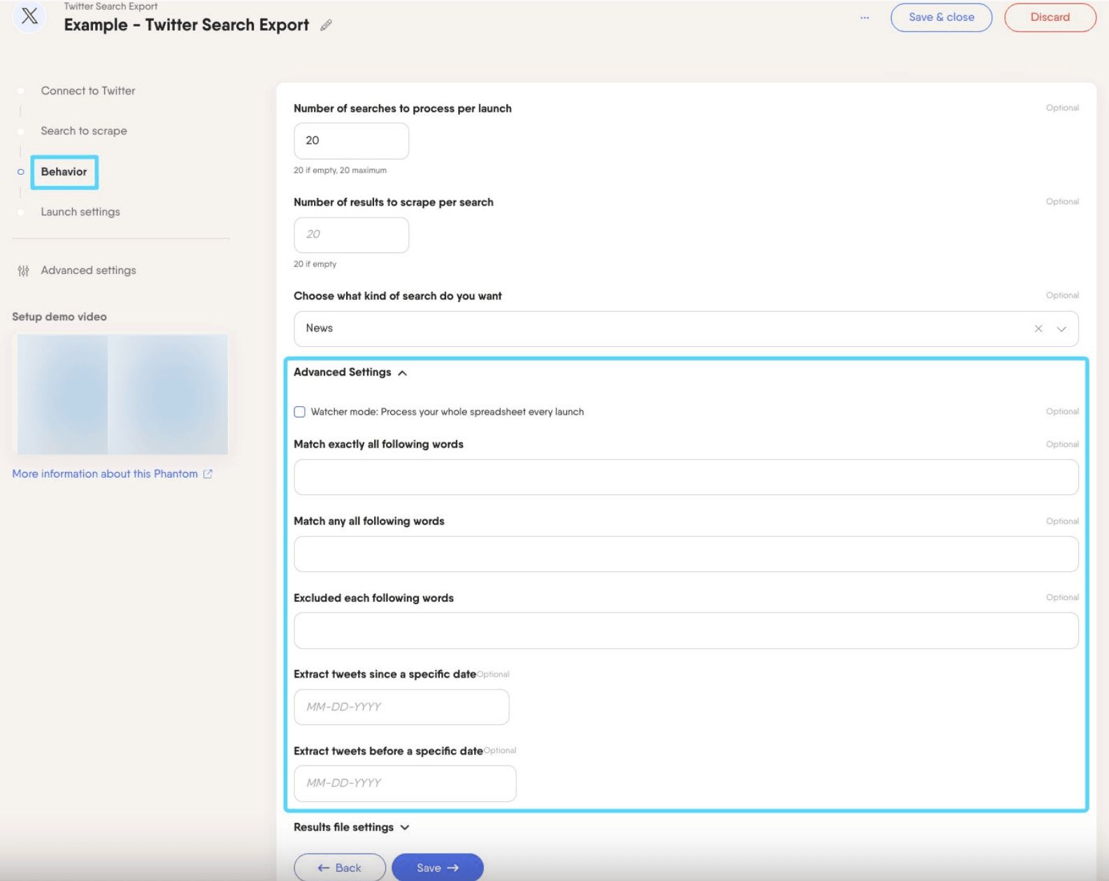 PhantomBuster Twitter X Search Export step 3 advanced settings with keyword and date filters