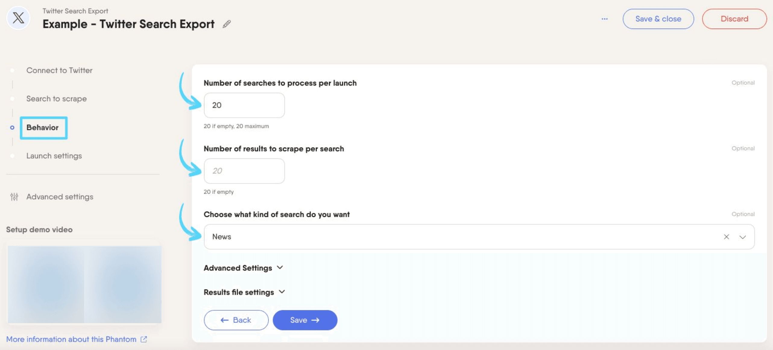 PhantomBuster Twitter X Search Export step 3 configuring limits and search filters
