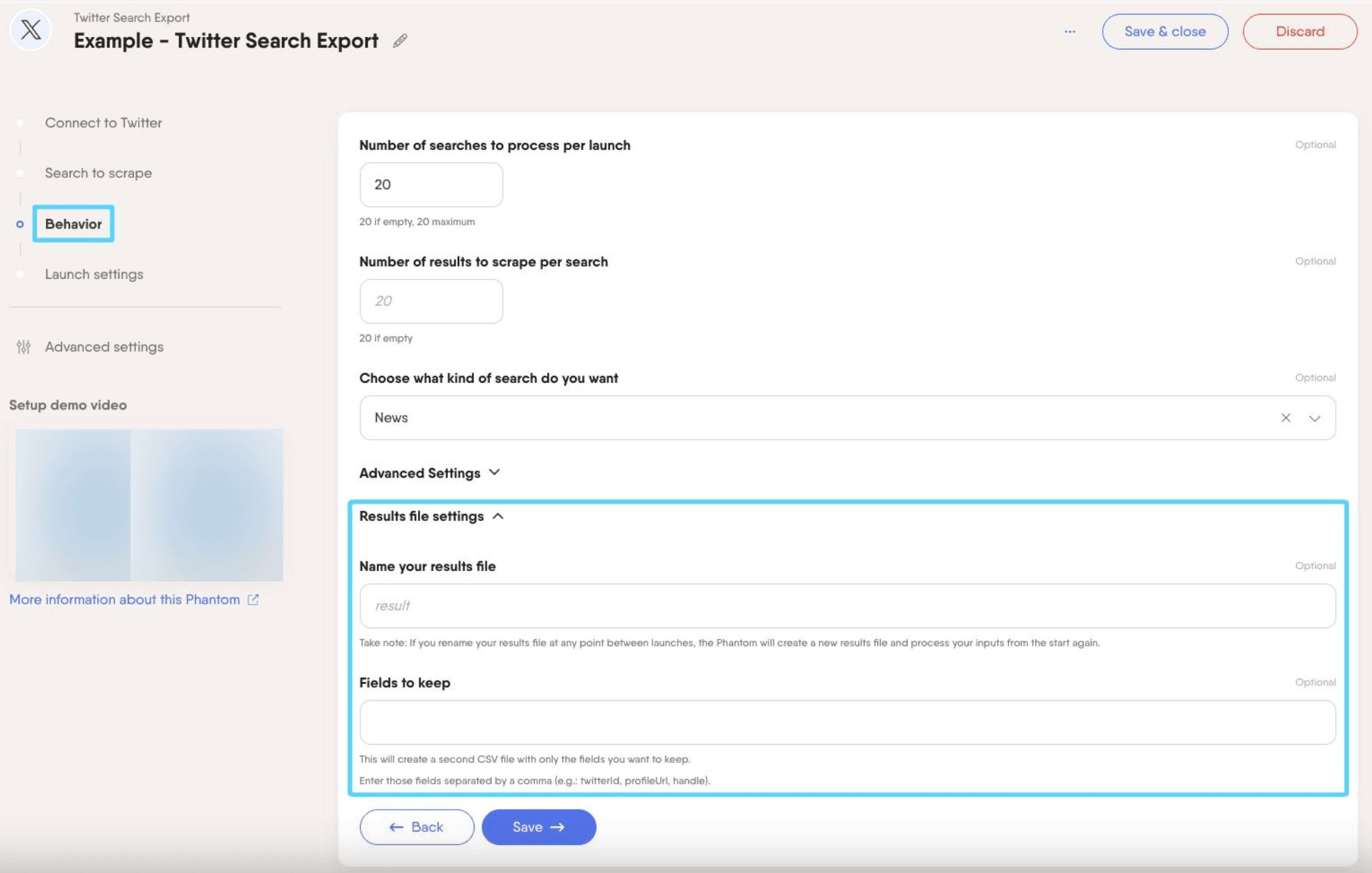 PhantomBuster Twitter X Search Export step 3 result file settings