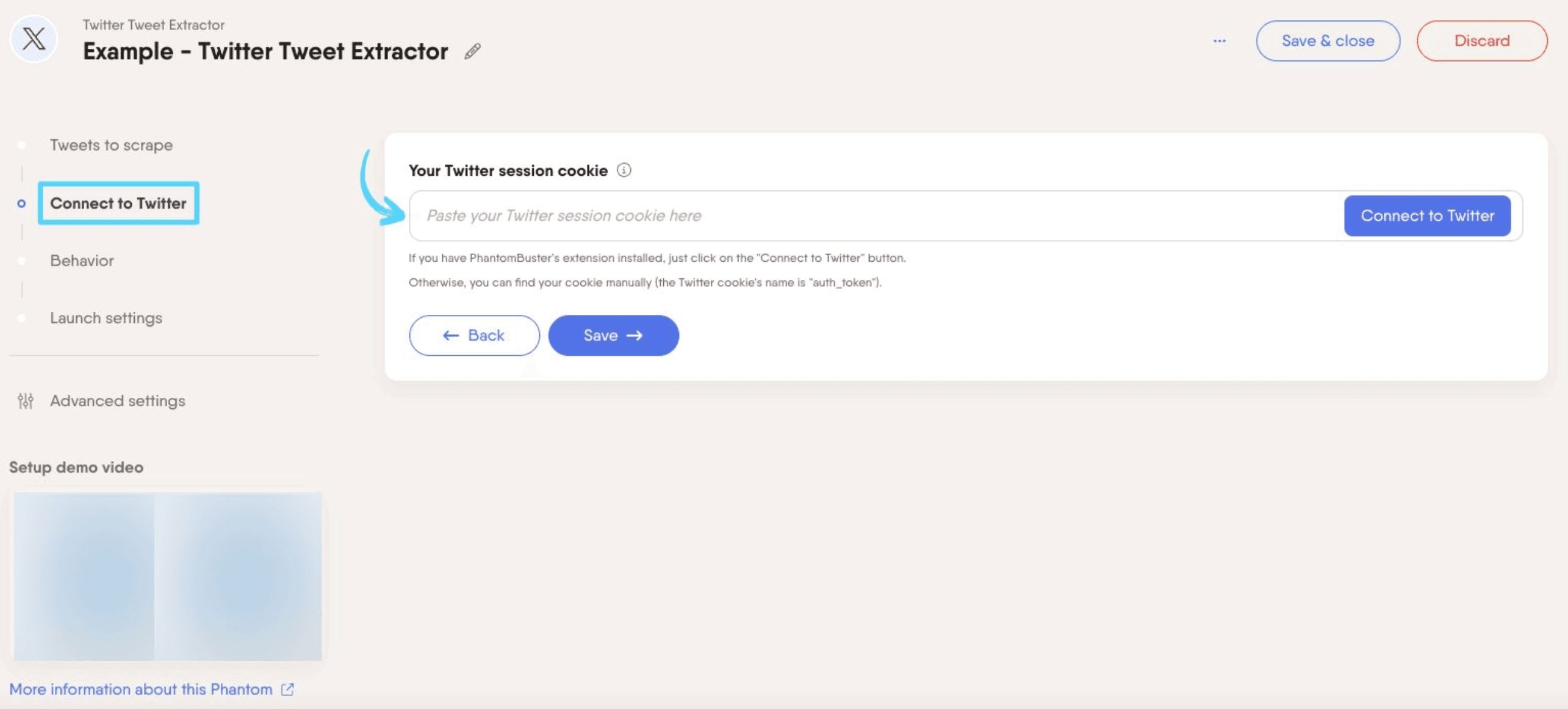 PhantomBuster Twitter X Tweet Extractor step 2 connecting your X/Twitter account