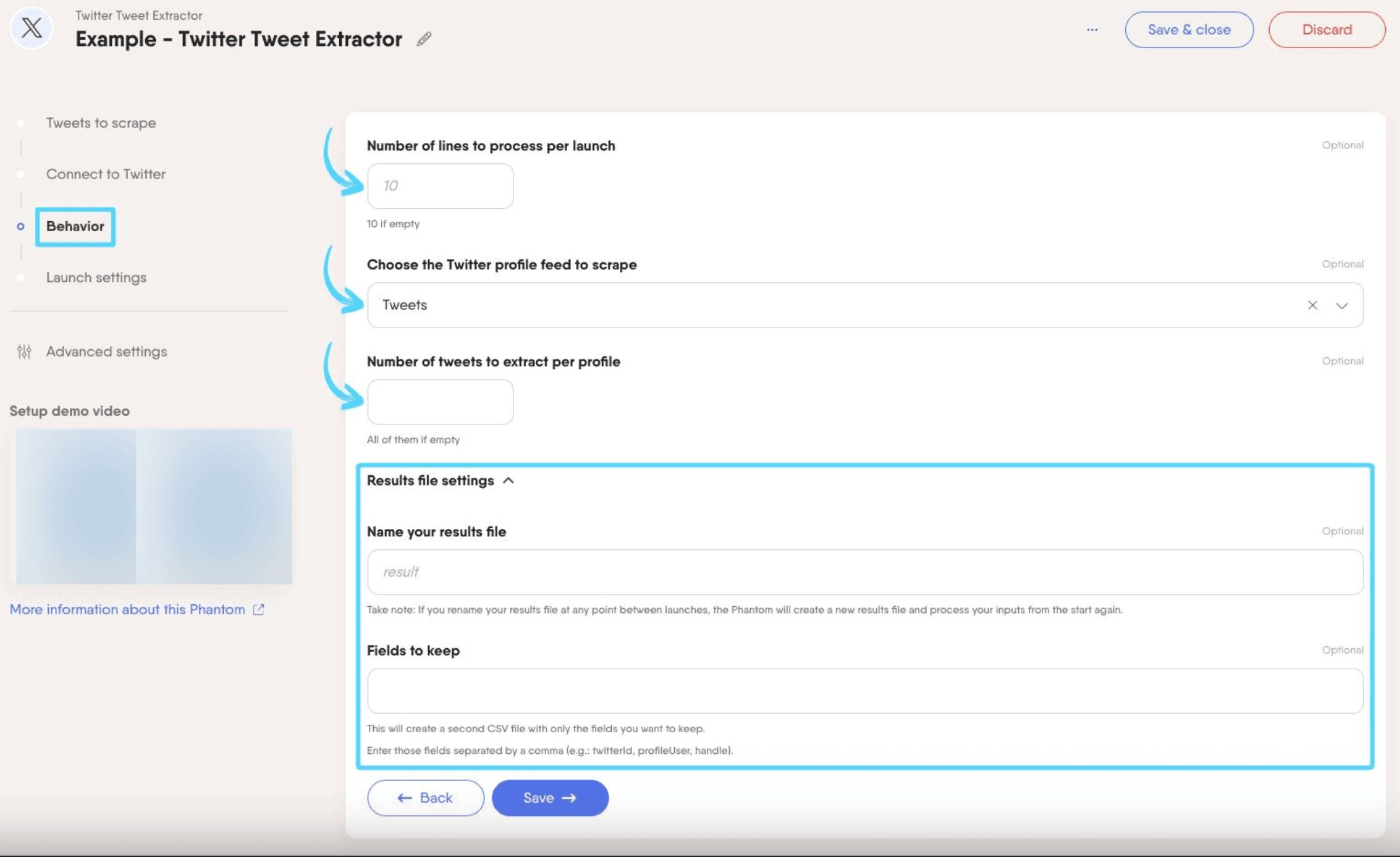 PhantomBuster Twitter X Tweet Extractor step 3 choosing what to extract and number of tweets