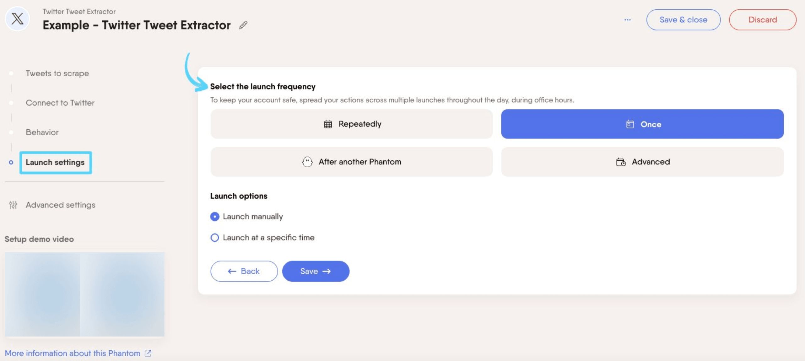 PhantomBuster Twitter X Tweet Extractor step 4 selecting launch frequency